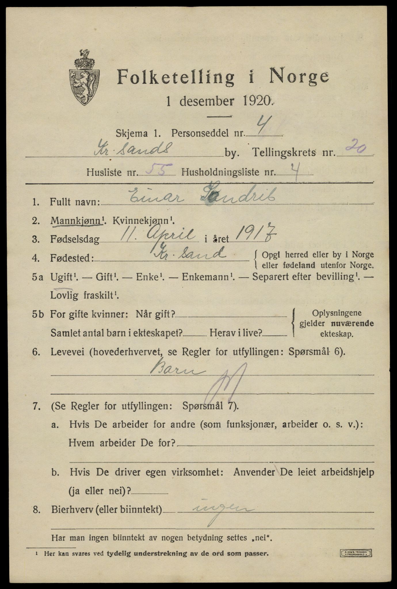 SAK, 1920 census for Kristiansand, 1920, p. 36977