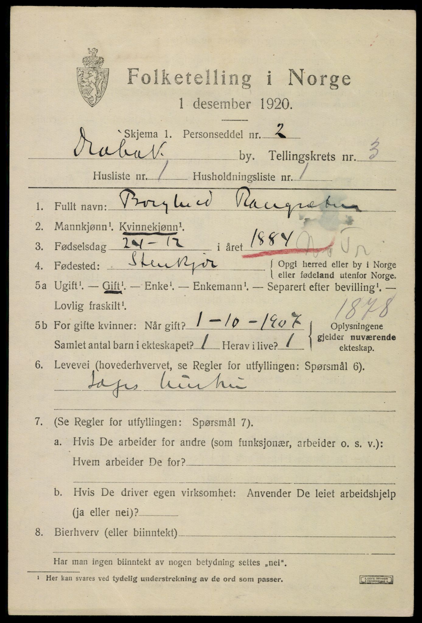 SAO, 1920 census for Drøbak, 1920, p. 3357