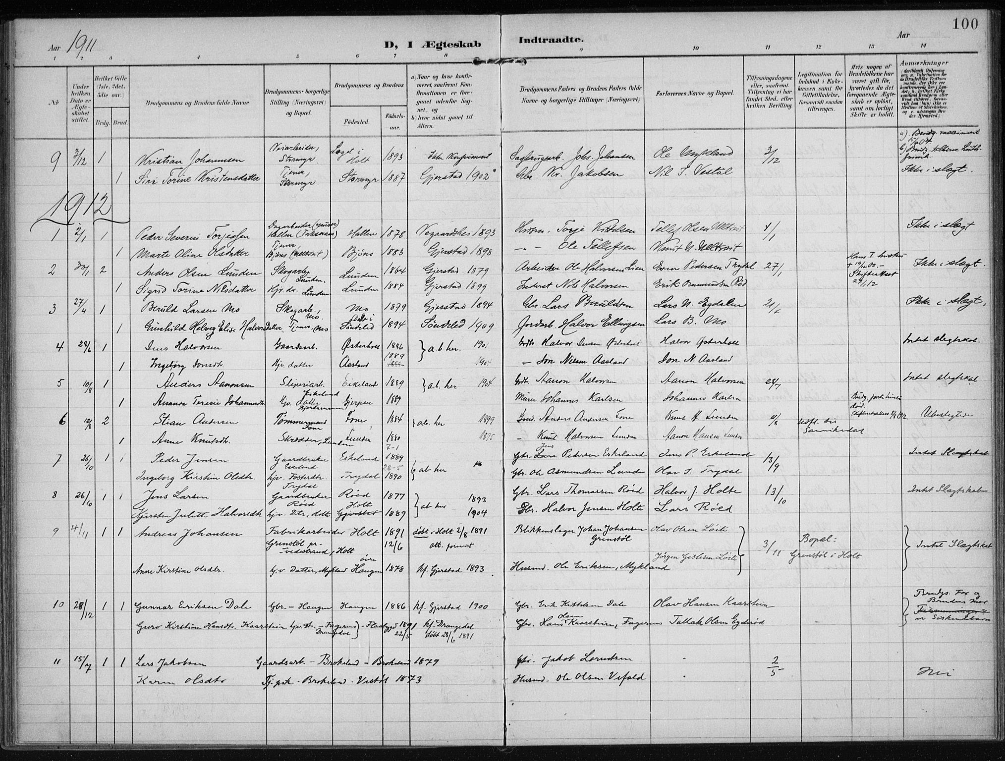 Gjerstad sokneprestkontor, AV/SAK-1111-0014/F/Fa/Faa/L0011: Parish register (official) no. A 11, 1903-1914, p. 100