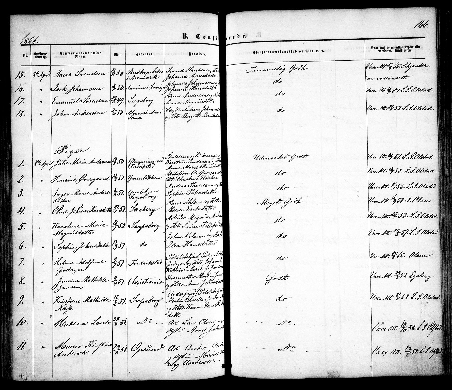 Sarpsborg prestekontor Kirkebøker, SAO/A-2006/F/Fa/L0001: Parish register (official) no. 1, 1859-1868, p. 166