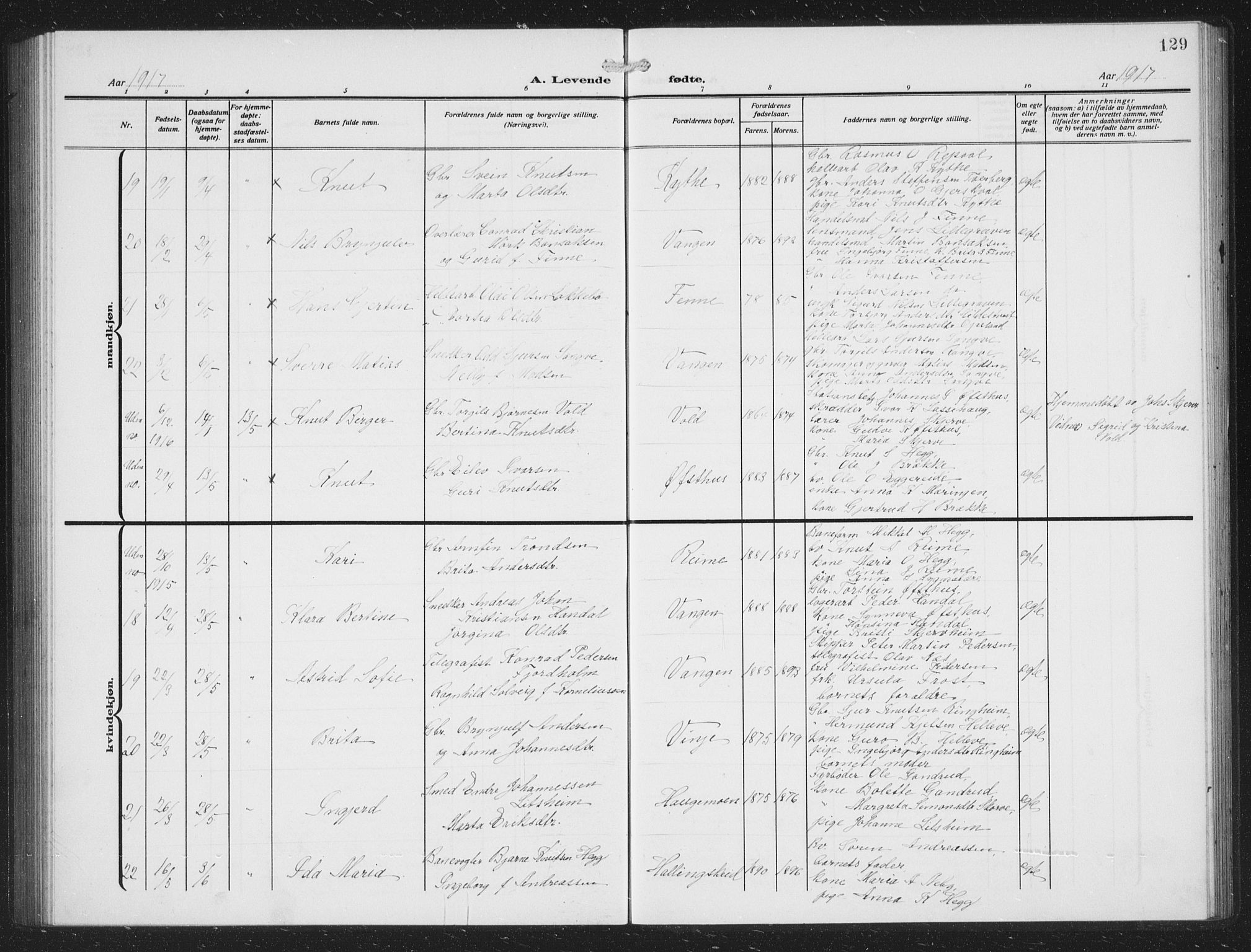 Voss sokneprestembete, AV/SAB-A-79001/H/Hab: Parish register (copy) no. C 3, 1909-1920, p. 129