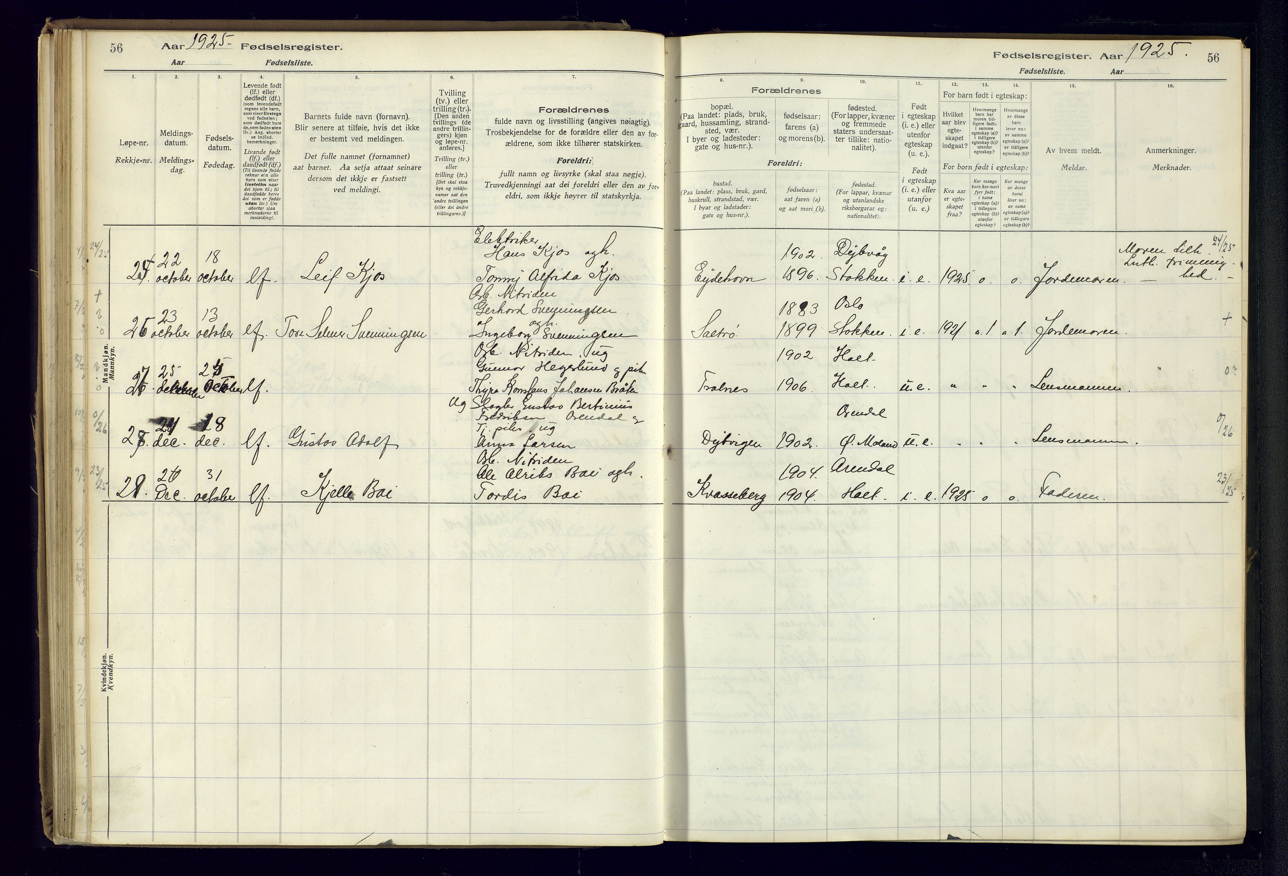 Austre Moland sokneprestkontor, AV/SAK-1111-0001/J/Ja/L0003: Birth register no. A-VI-27, 1916-1950, p. 56