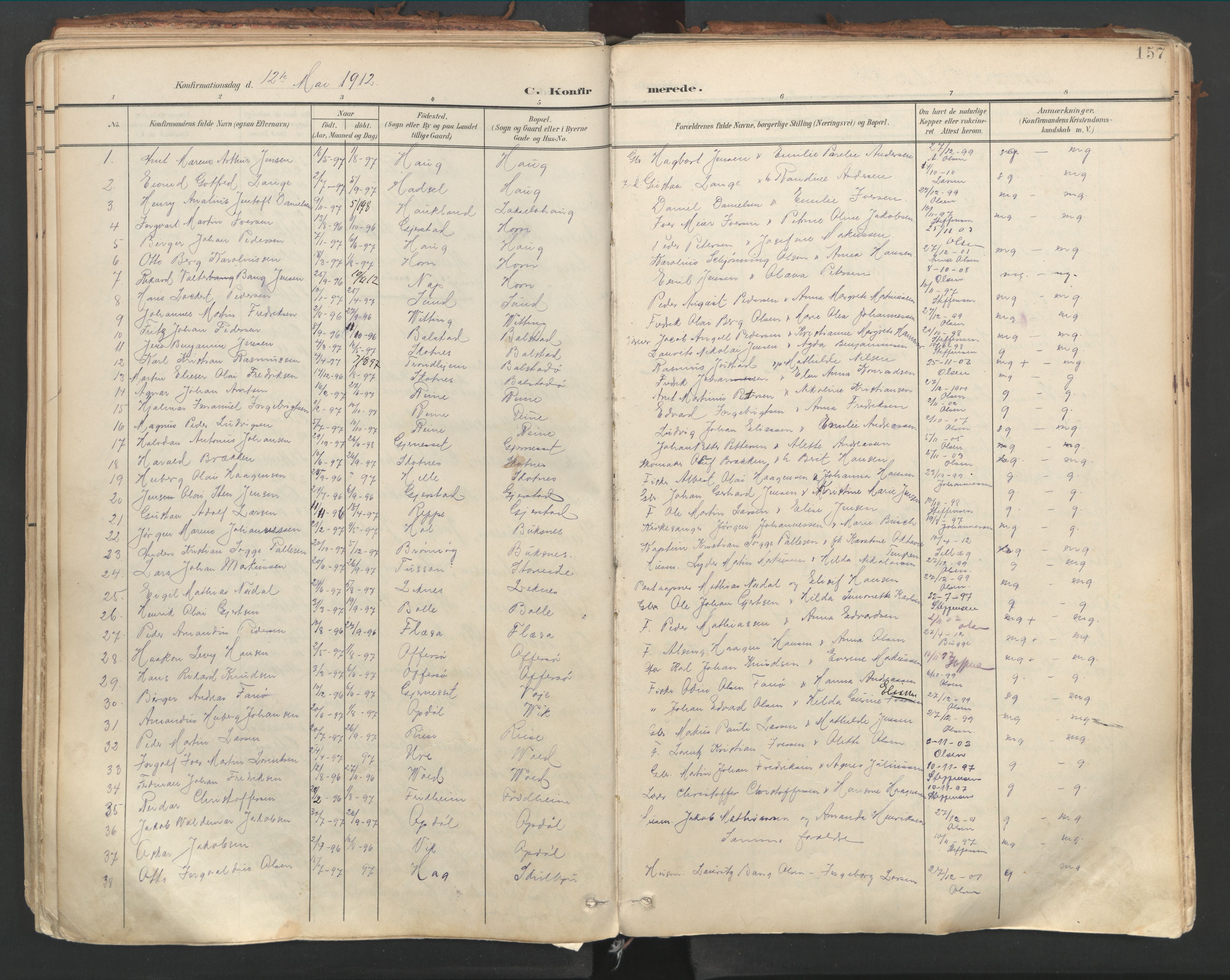 Ministerialprotokoller, klokkerbøker og fødselsregistre - Nordland, SAT/A-1459/881/L1154: Parish register (official) no. 881A07, 1907-1918, p. 157