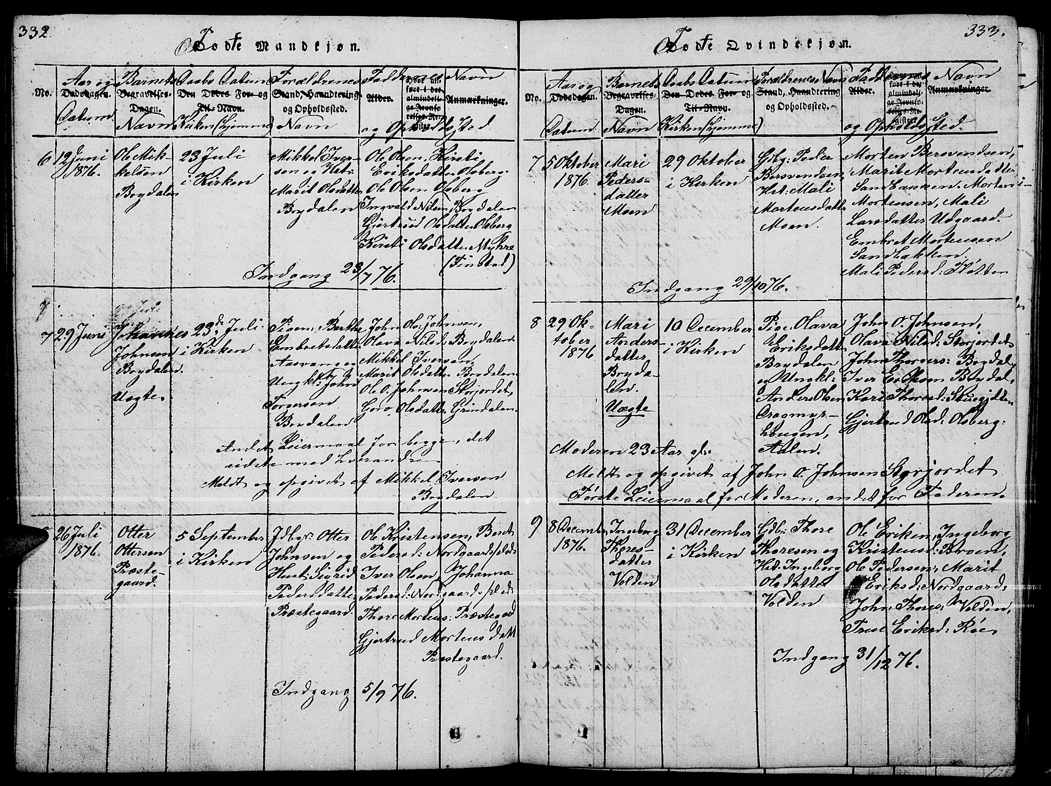 Tynset prestekontor, SAH/PREST-058/H/Ha/Hab/L0004: Parish register (copy) no. 4, 1814-1879, p. 332-333