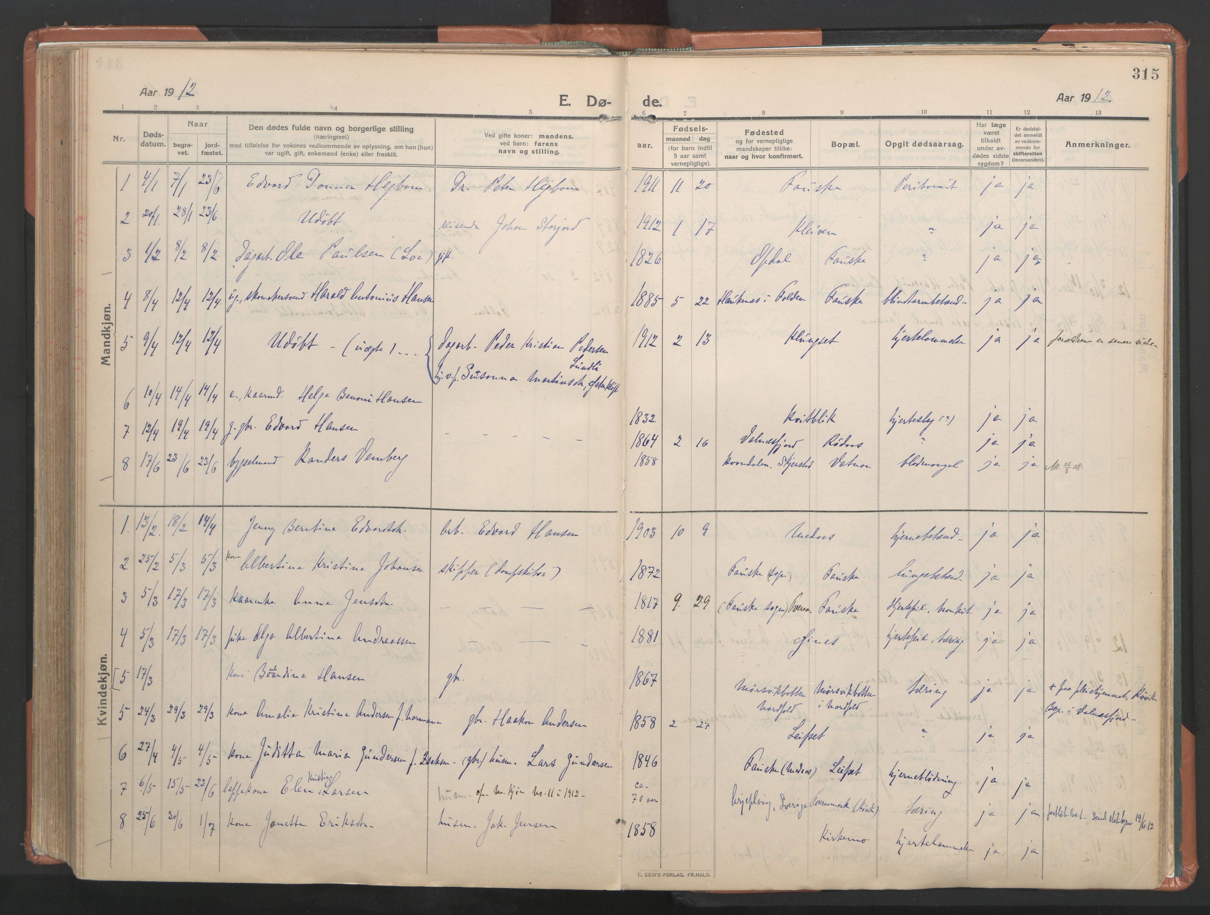 Ministerialprotokoller, klokkerbøker og fødselsregistre - Nordland, SAT/A-1459/849/L0698: Parish register (official) no. 849A09, 1911-1924, p. 315