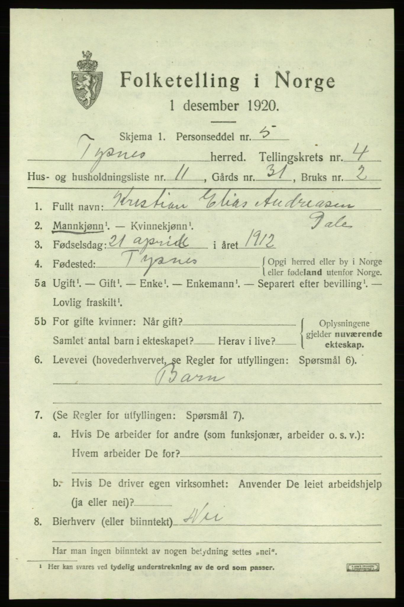 SAB, 1920 census for Tysnes, 1920, p. 3320