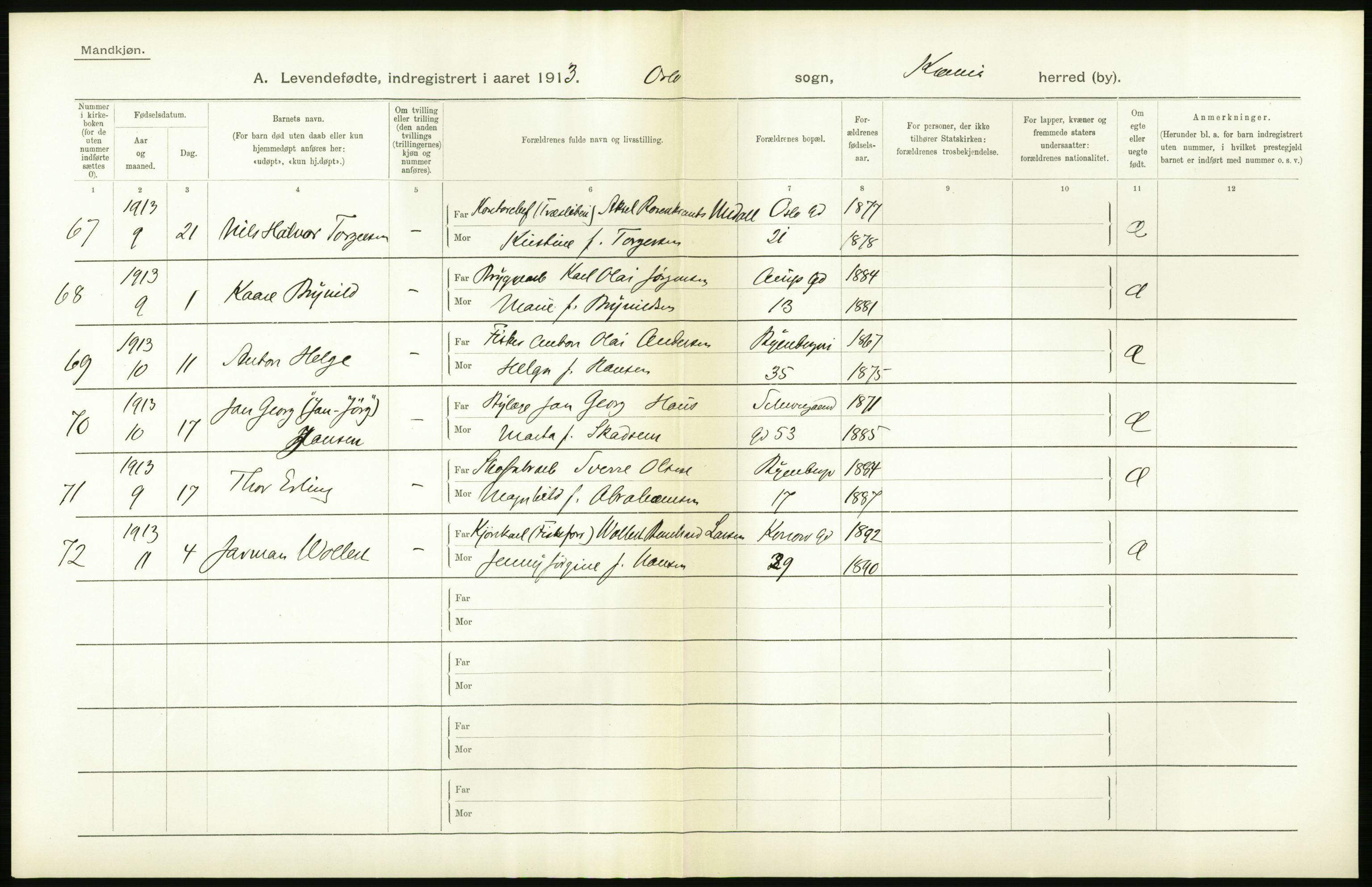 Statistisk sentralbyrå, Sosiodemografiske emner, Befolkning, AV/RA-S-2228/D/Df/Dfb/Dfbc/L0007: Kristiania: Levendefødte menn og kvinner., 1913, p. 794