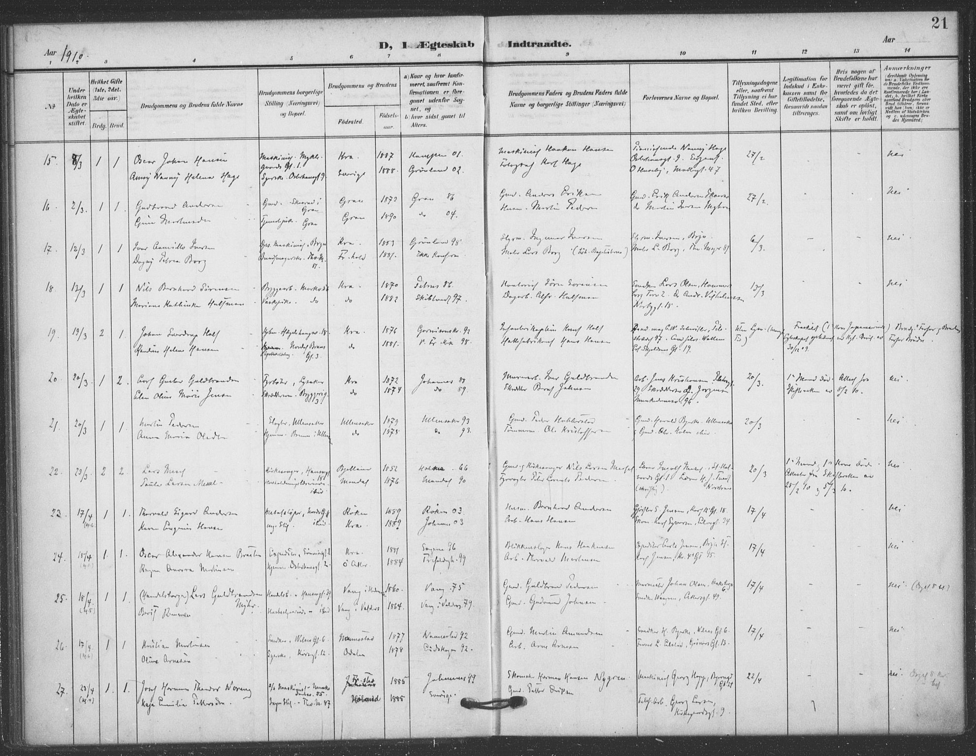 Jakob prestekontor Kirkebøker, AV/SAO-A-10850/F/Fa/L0010: Parish register (official) no. 10, 1908-1922, p. 21