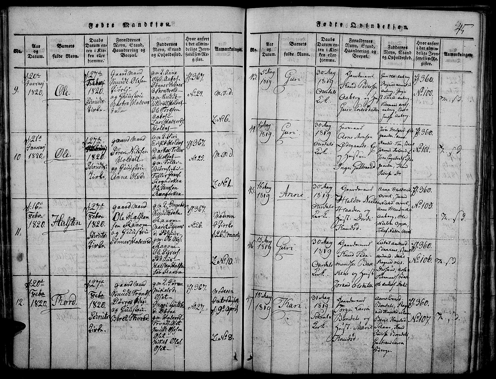 Nord-Aurdal prestekontor, AV/SAH-PREST-132/H/Ha/Haa/L0002: Parish register (official) no. 2, 1816-1828, p. 45