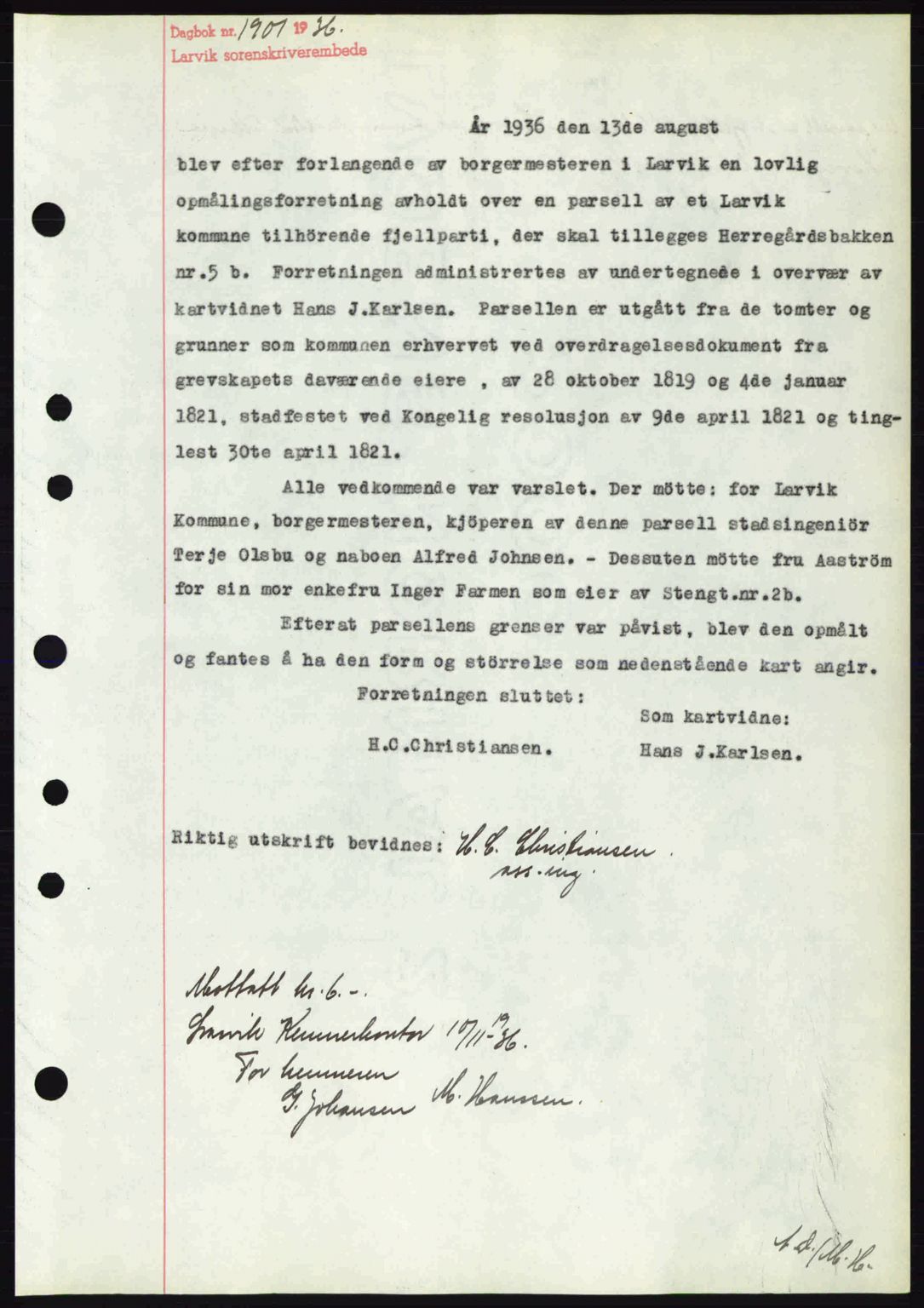 Larvik sorenskriveri, SAKO/A-83/G/Ga/Gab/L0067: Mortgage book no. A-1, 1936-1937, Diary no: : 1901/1936