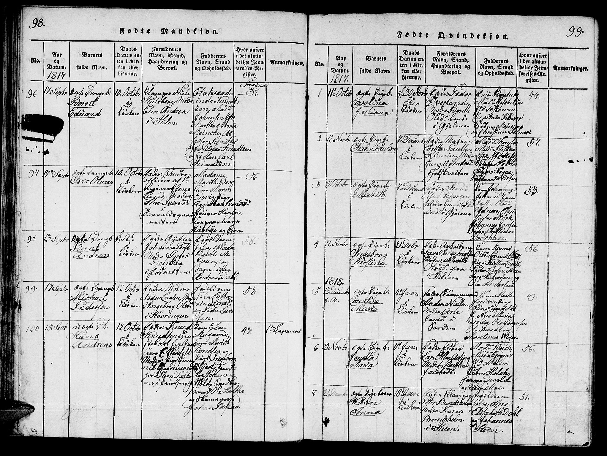 Ministerialprotokoller, klokkerbøker og fødselsregistre - Sør-Trøndelag, SAT/A-1456/601/L0043: Parish register (official) no. 601A11, 1815-1821, p. 98-99