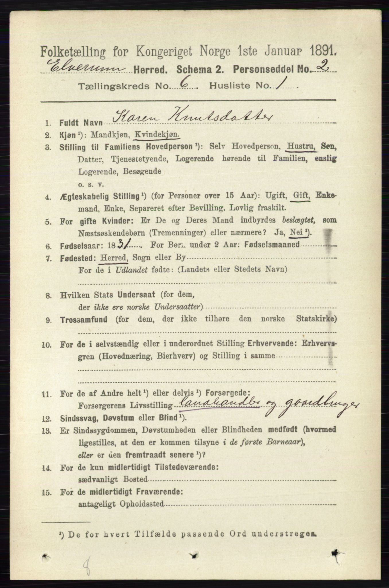 RA, 1891 census for 0427 Elverum, 1891, p. 4356