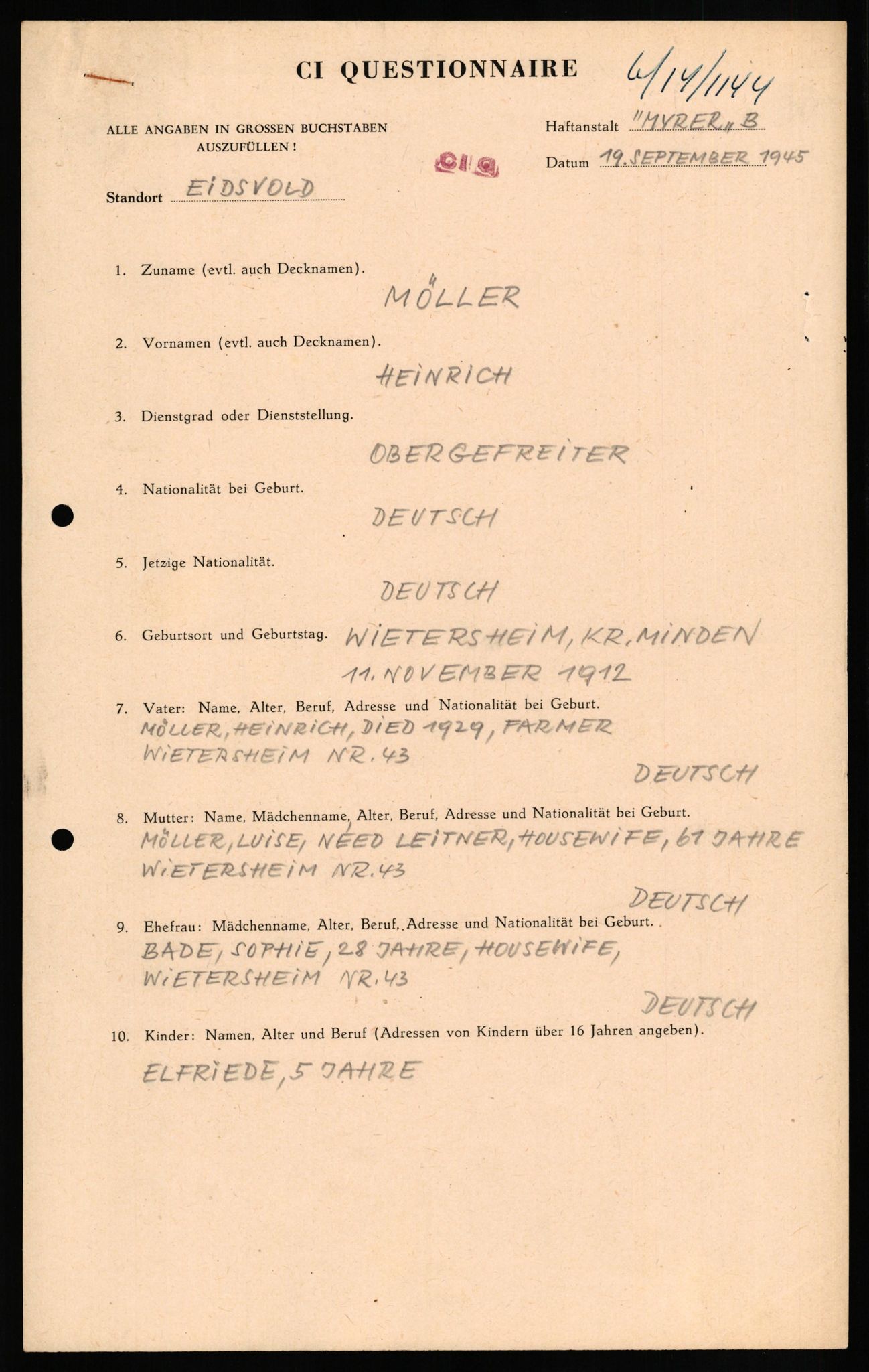 Forsvaret, Forsvarets overkommando II, AV/RA-RAFA-3915/D/Db/L0023: CI Questionaires. Tyske okkupasjonsstyrker i Norge. Tyskere., 1945-1946, p. 364