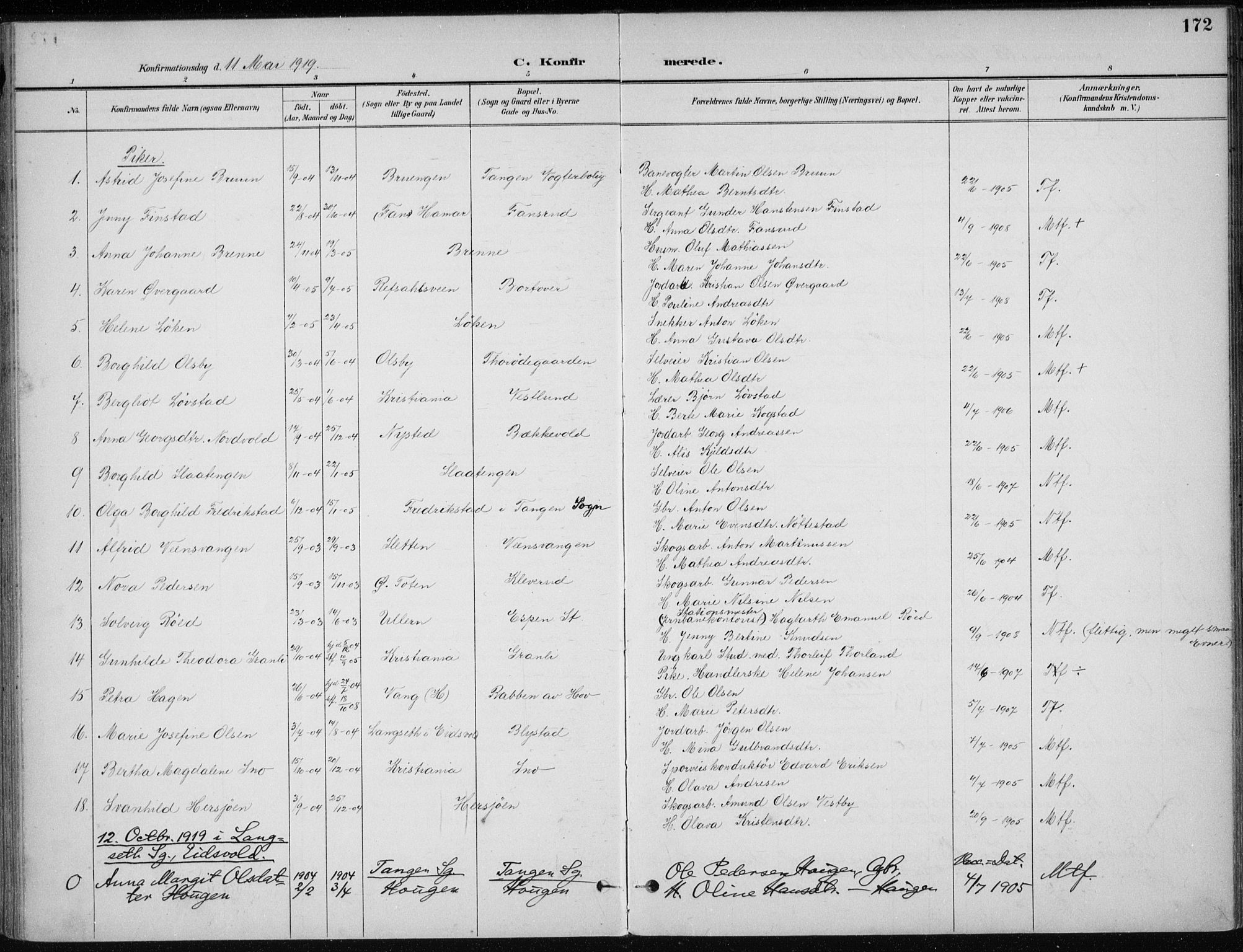 Stange prestekontor, AV/SAH-PREST-002/K/L0023: Parish register (official) no. 23, 1897-1920, p. 172