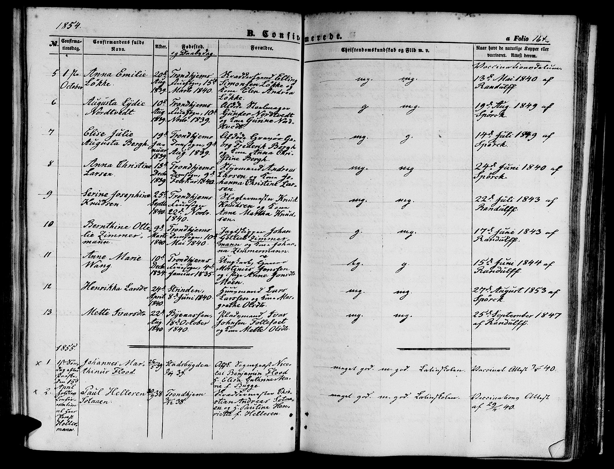 Ministerialprotokoller, klokkerbøker og fødselsregistre - Sør-Trøndelag, SAT/A-1456/602/L0138: Parish register (copy) no. 602C06, 1853-1858, p. 164
