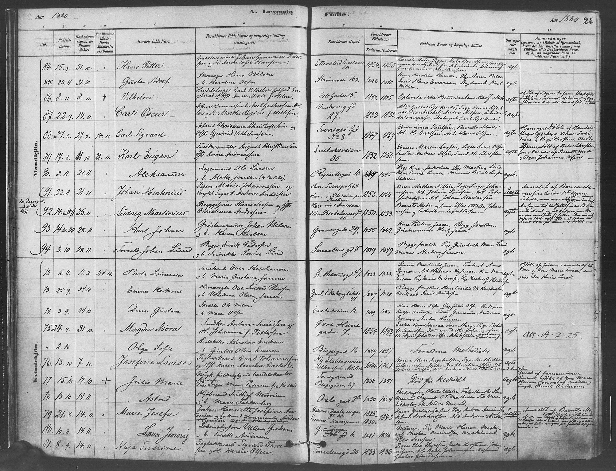 Gamlebyen prestekontor Kirkebøker, SAO/A-10884/F/Fa/L0005: Parish register (official) no. 5, 1878-1889, p. 24