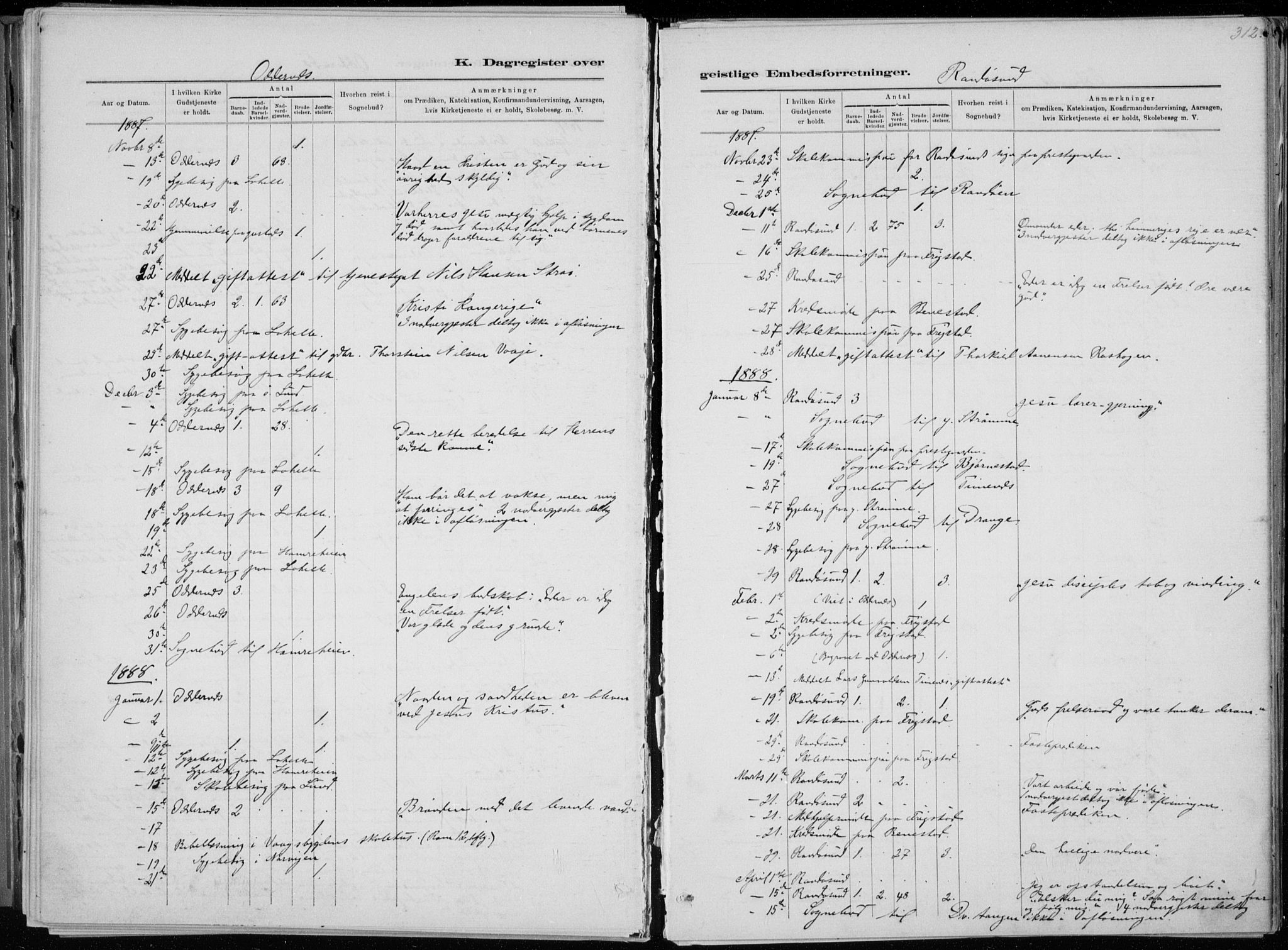 Oddernes sokneprestkontor, SAK/1111-0033/F/Fa/Faa/L0009: Parish register (official) no. A 9, 1884-1896, p. 312