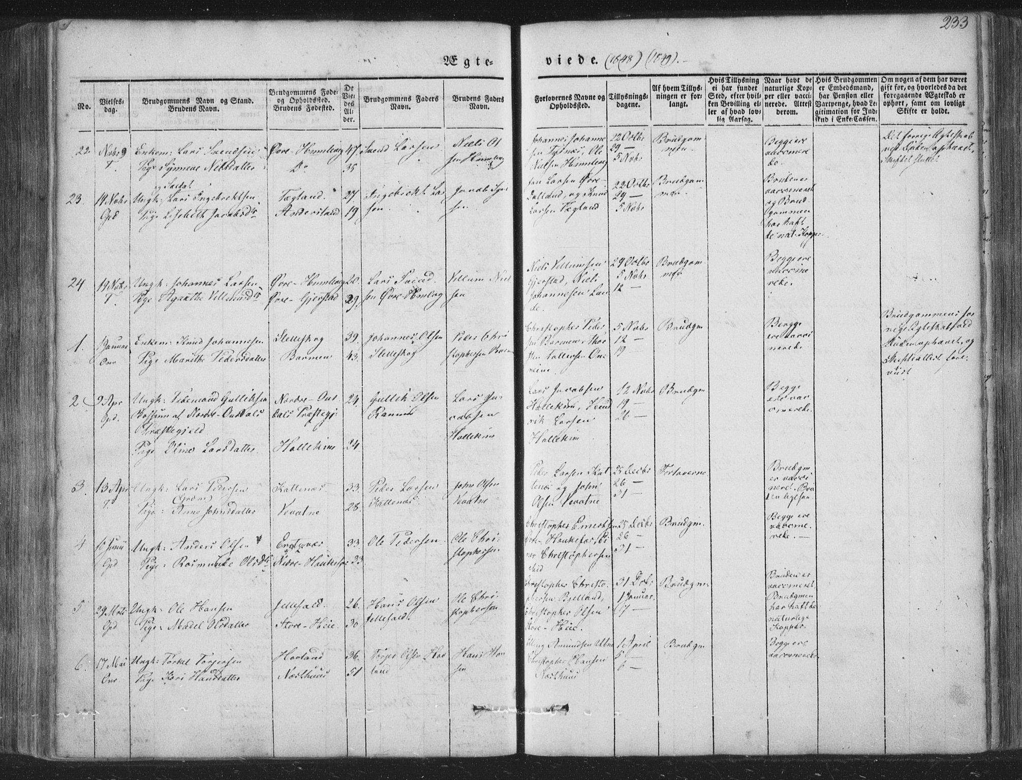 Tysnes sokneprestembete, AV/SAB-A-78601/H/Haa: Parish register (official) no. A 10, 1848-1859, p. 233