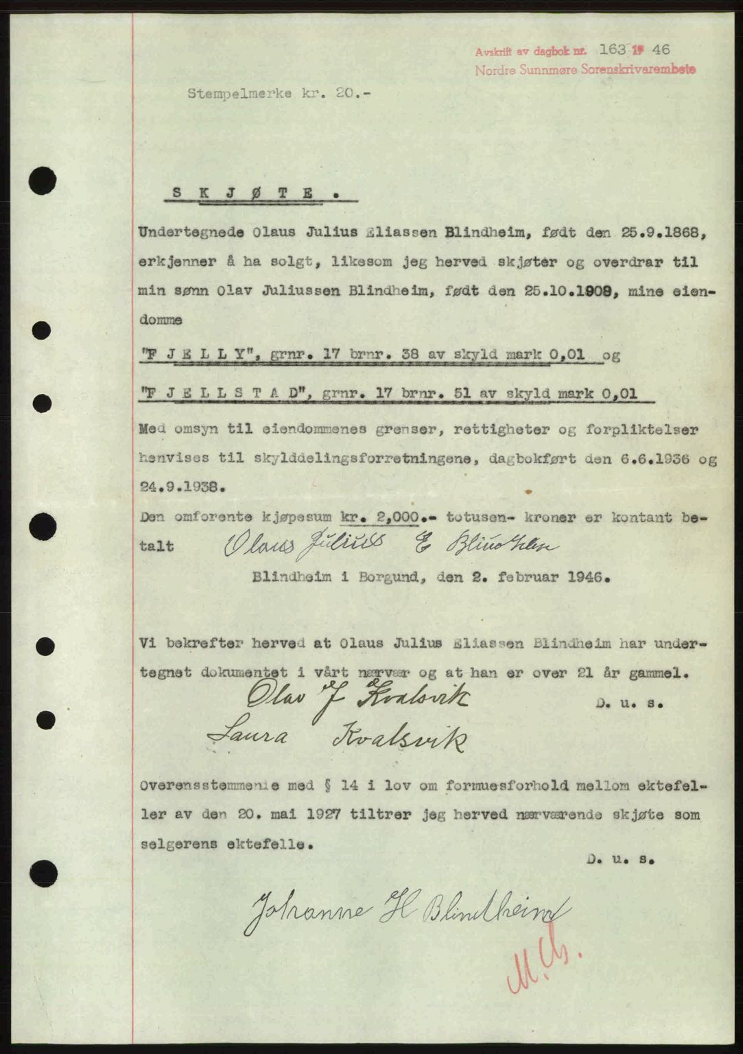 Nordre Sunnmøre sorenskriveri, AV/SAT-A-0006/1/2/2C/2Ca: Mortgage book no. A20b, 1946-1946, Diary no: : 163/1946