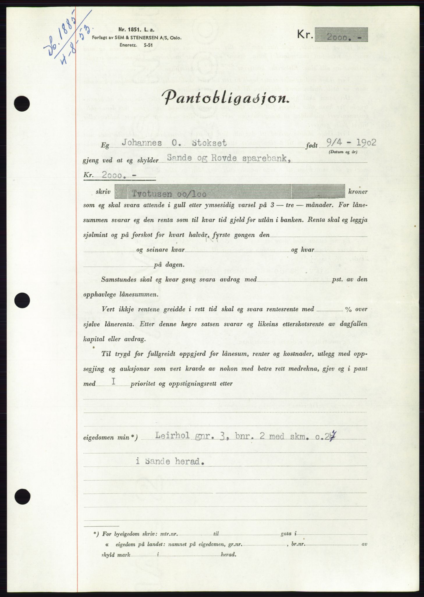 Søre Sunnmøre sorenskriveri, AV/SAT-A-4122/1/2/2C/L0123: Mortgage book no. 11B, 1953-1953, Diary no: : 1885/1953