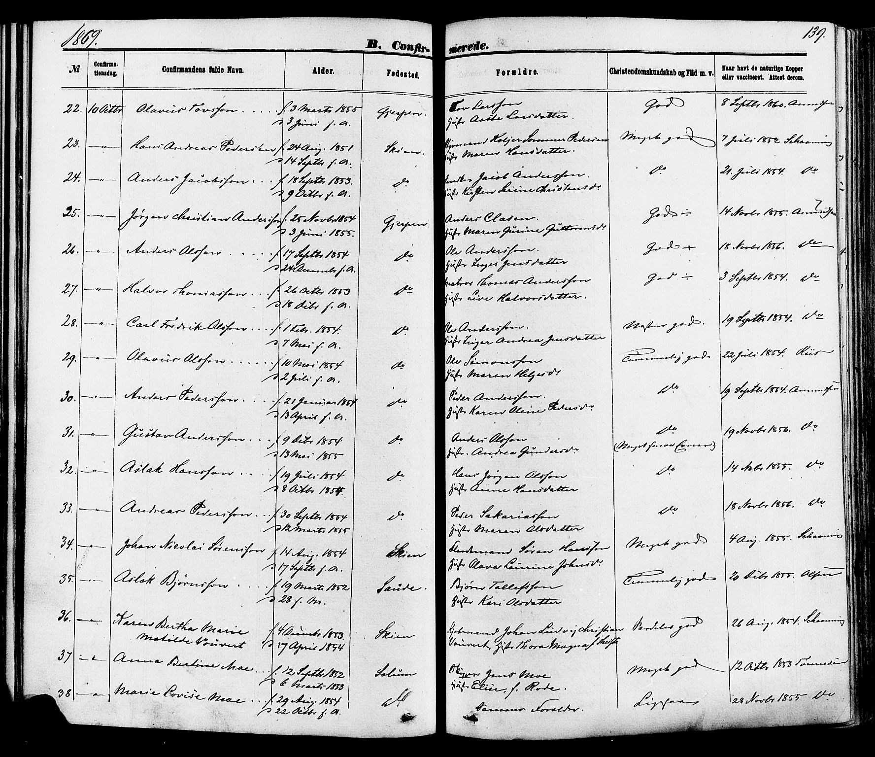 Skien kirkebøker, AV/SAKO-A-302/F/Fa/L0008: Parish register (official) no. 8, 1866-1877, p. 139