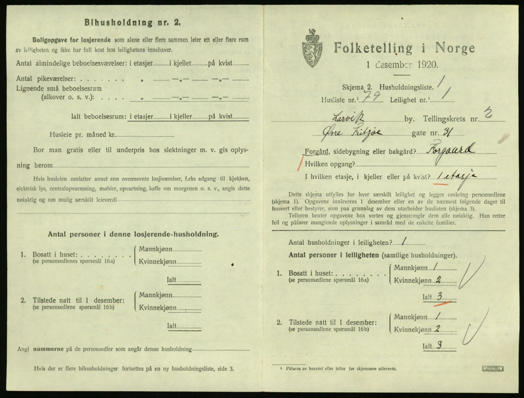 SAKO, 1920 census for Larvik, 1920, p. 3692