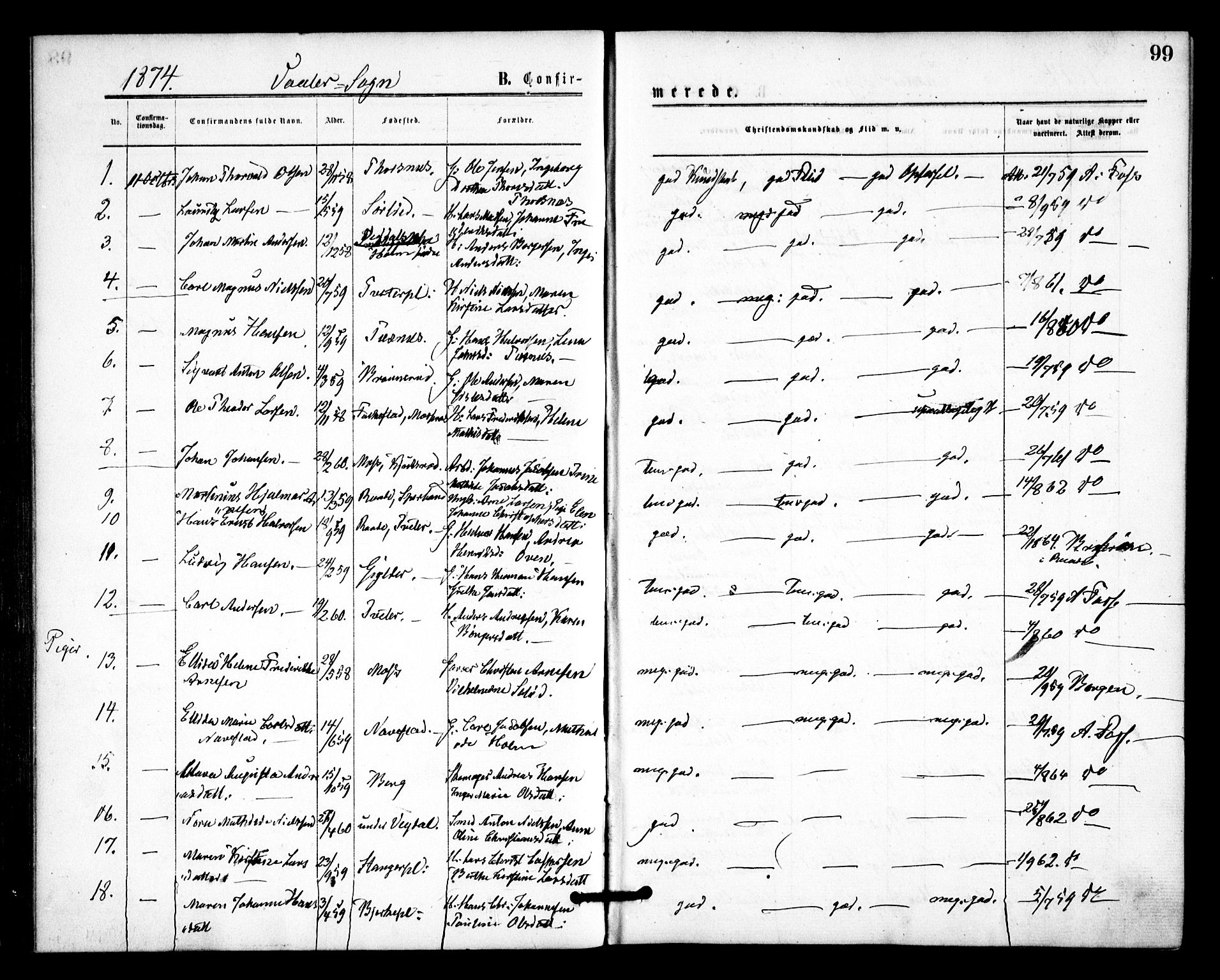 Våler prestekontor Kirkebøker, SAO/A-11083/F/Fa/L0009: Parish register (official) no. I 9, 1873-1877, p. 99