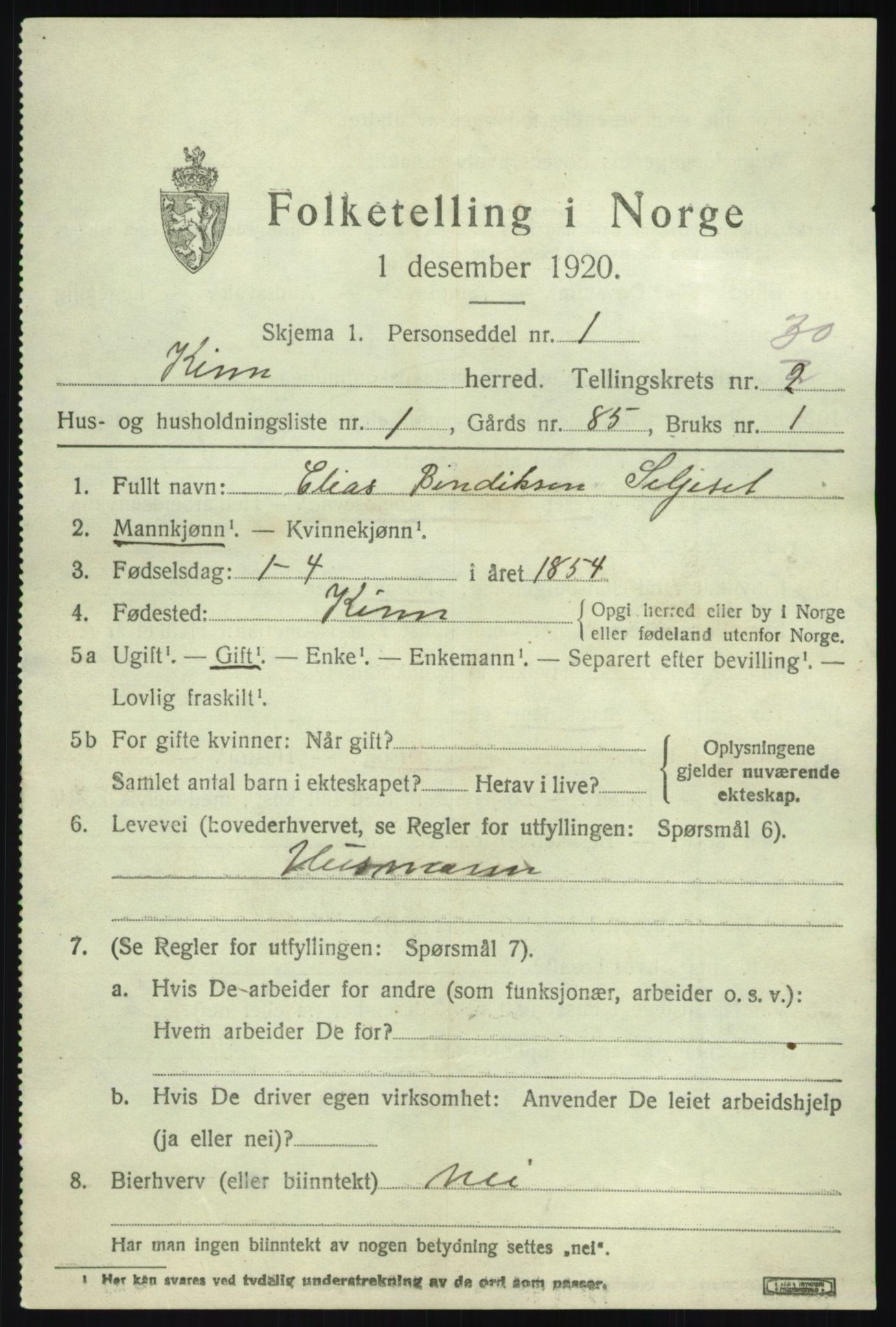 SAB, 1920 census for Kinn, 1920, p. 10365