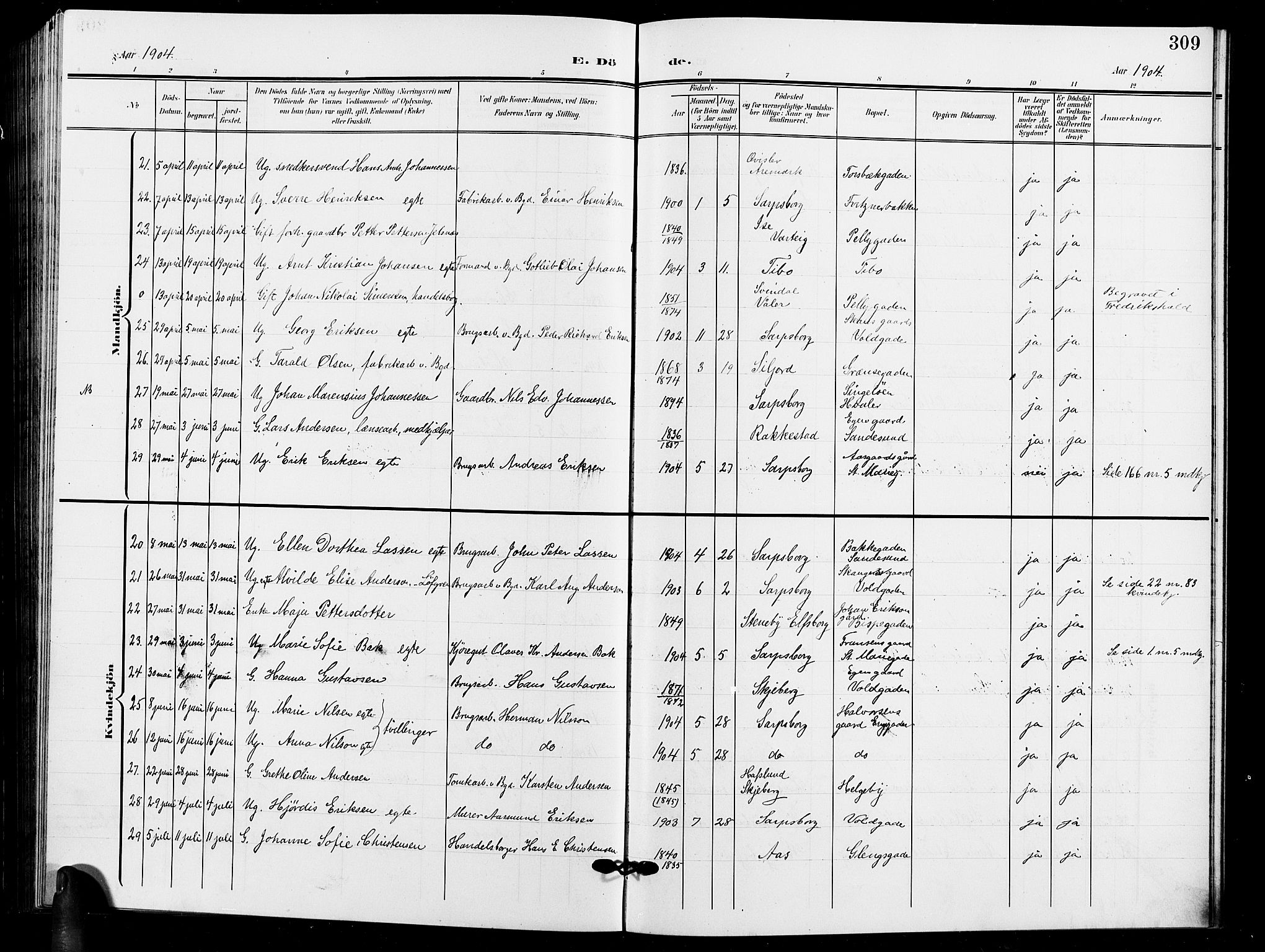 Sarpsborg prestekontor Kirkebøker, AV/SAO-A-2006/G/Ga/L0001: Parish register (copy) no. 1, 1902-1911, p. 309
