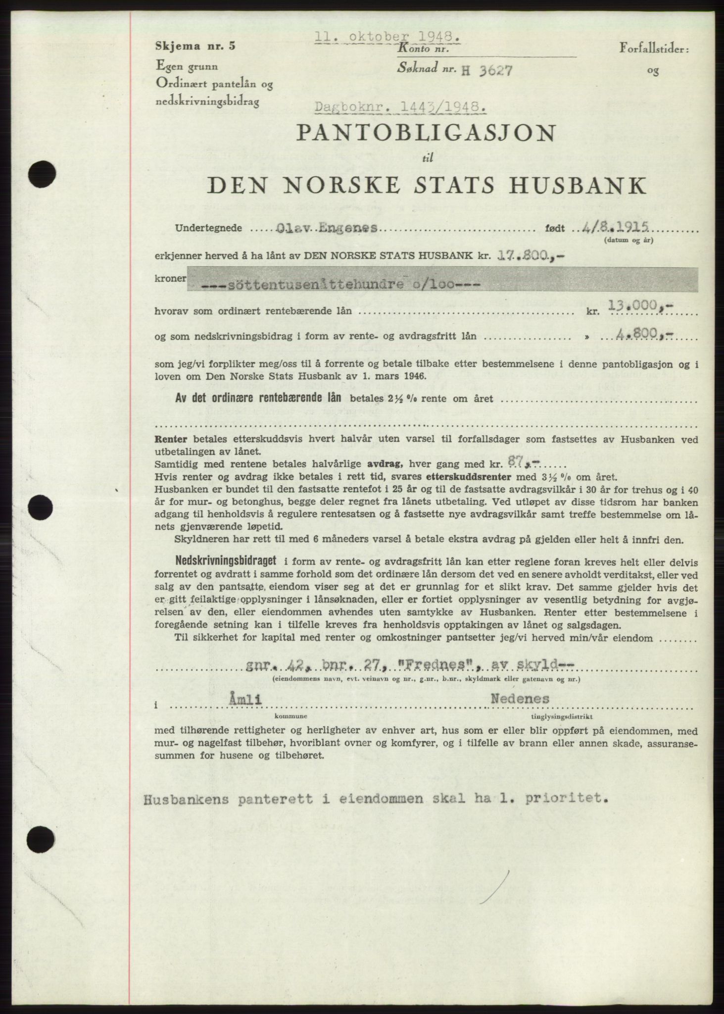 Nedenes sorenskriveri, AV/SAK-1221-0006/G/Gb/Gbb/L0005: Mortgage book no. B5, 1948-1948, Diary no: : 1443/1948