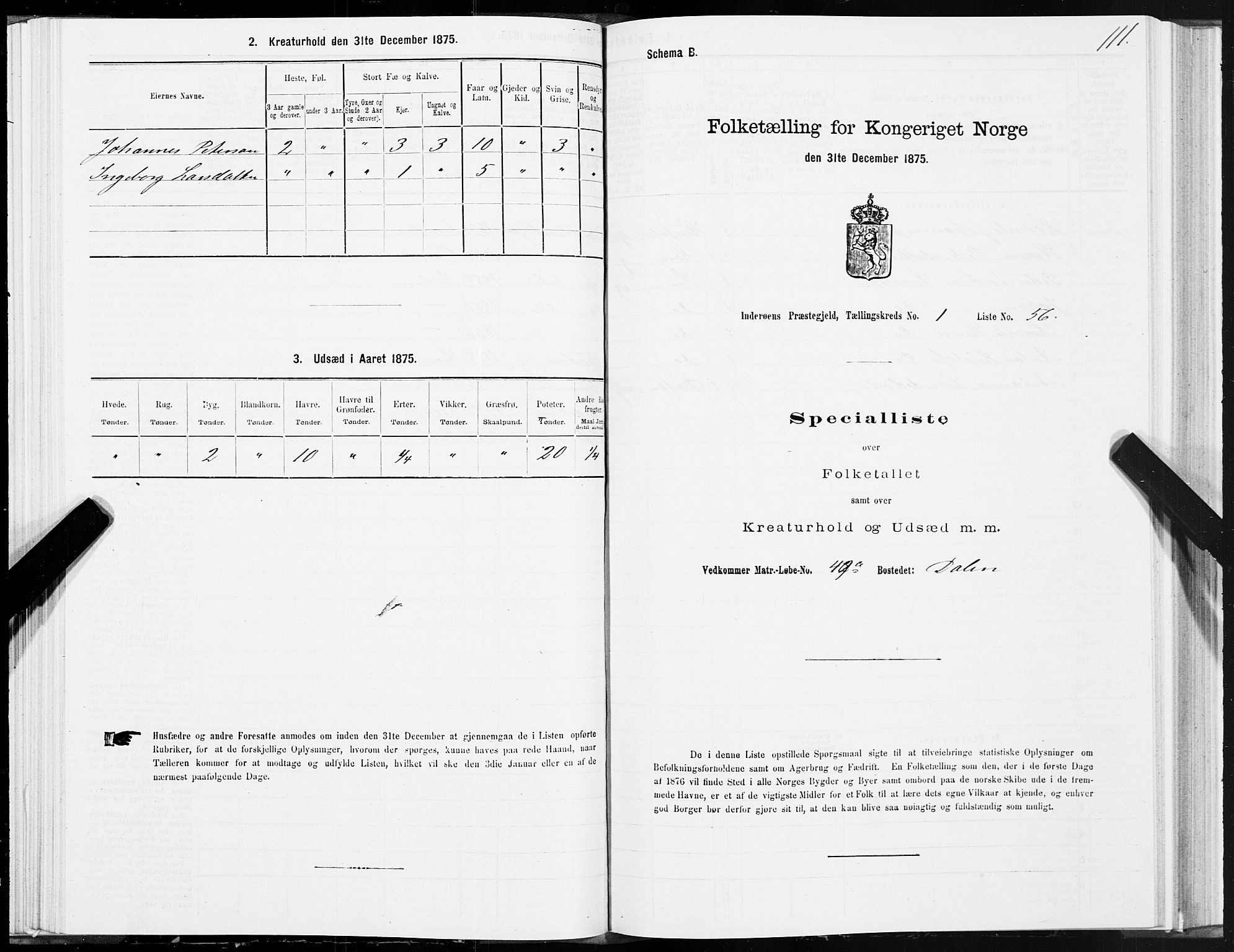 SAT, 1875 census for 1729P Inderøy, 1875, p. 1111