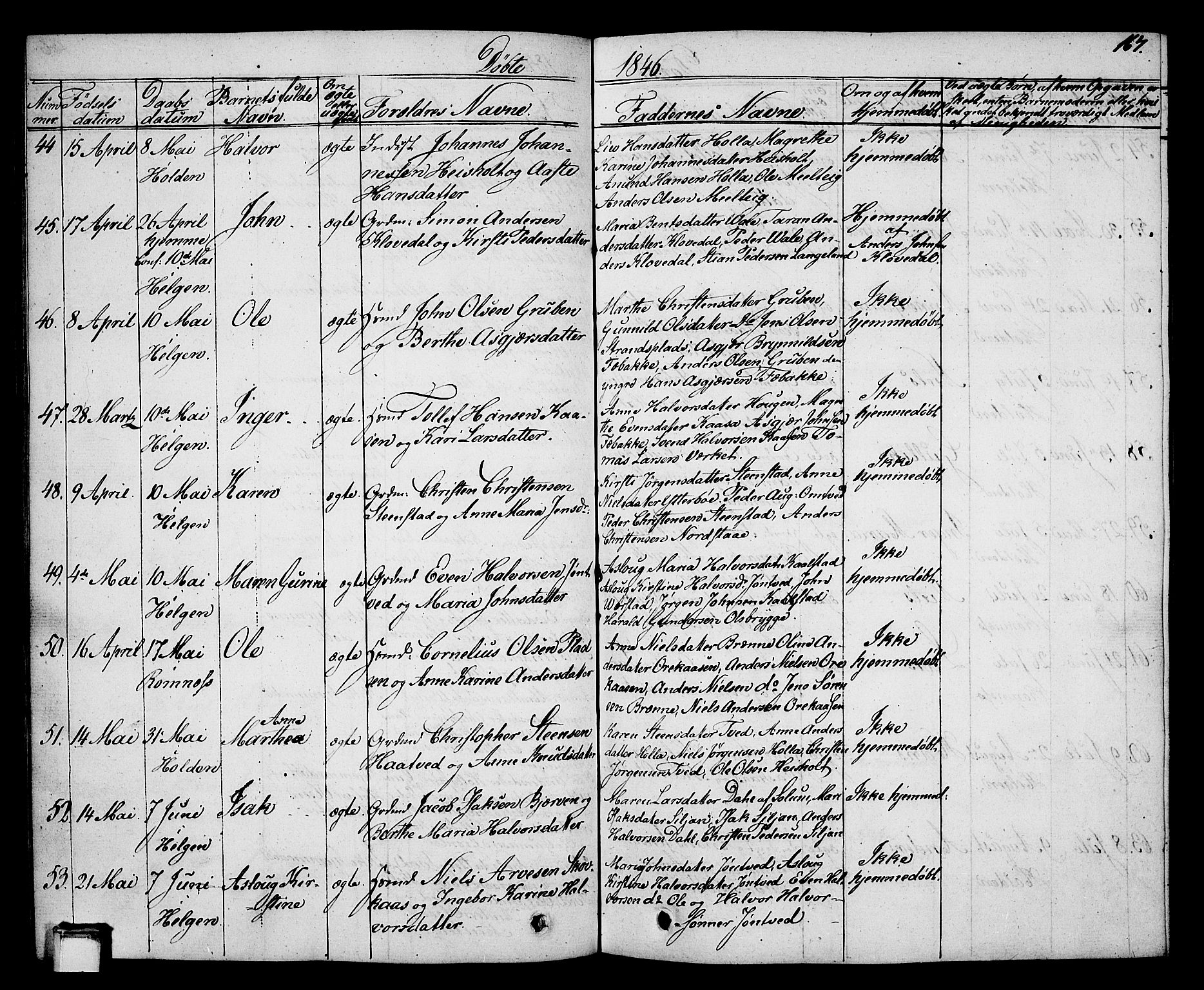 Holla kirkebøker, SAKO/A-272/G/Ga/L0002: Parish register (copy) no. I 2, 1830-1848, p. 167