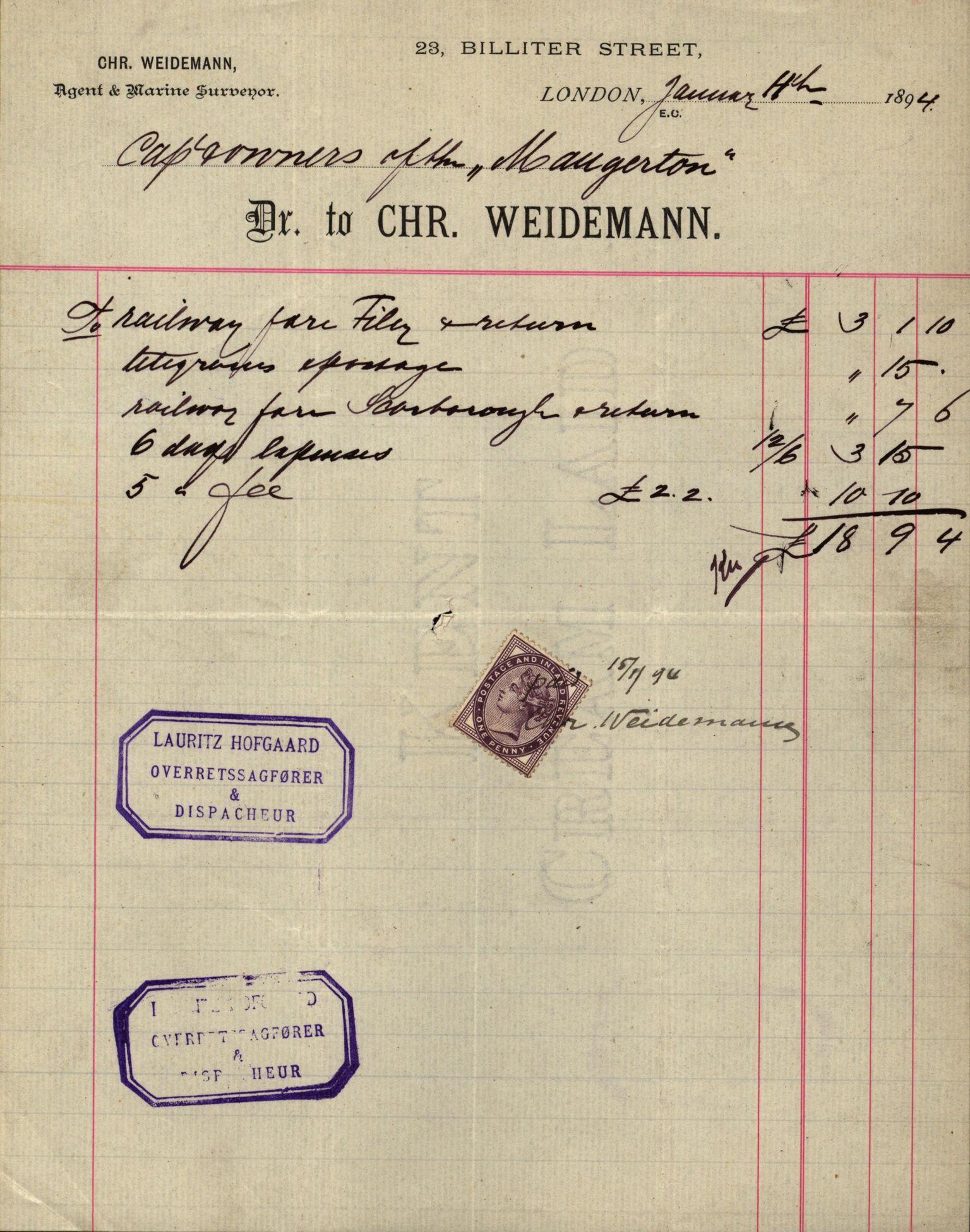 Pa 63 - Østlandske skibsassuranceforening, VEMU/A-1079/G/Ga/L0030/0001: Havaridokumenter / Leif, Korsvei, Margret, Mangerton, Mathilde, Island, Andover, 1893, p. 169