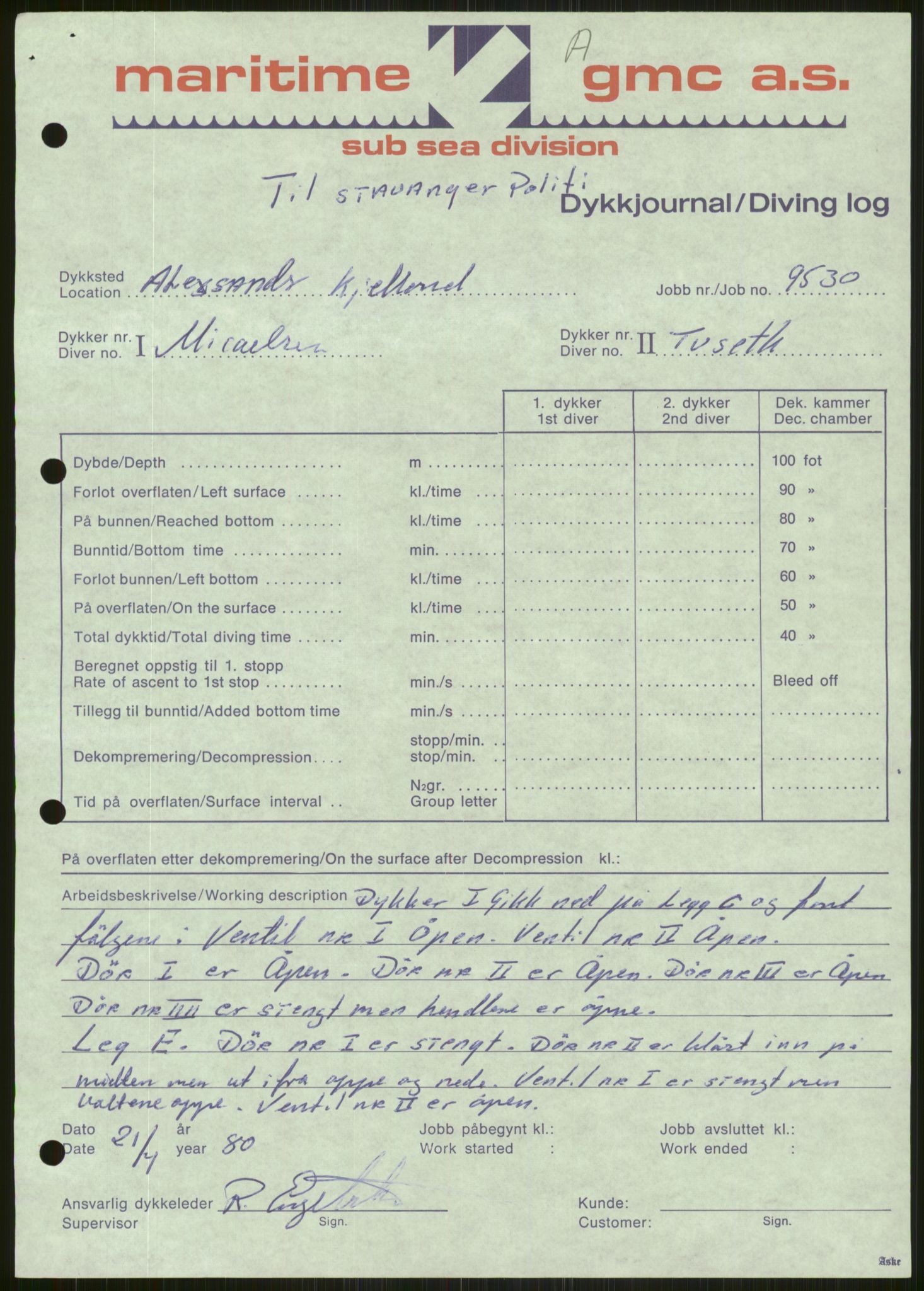 Justisdepartementet, Granskningskommisjonen ved Alexander Kielland-ulykken 27.3.1980, RA/S-1165/D/L0006: A Alexander L. Kielland (Doku.liste + A3-A6, A11-A13, A18-A20-A21, A23, A31 av 31)/Dykkerjournaler, 1980-1981, p. 659