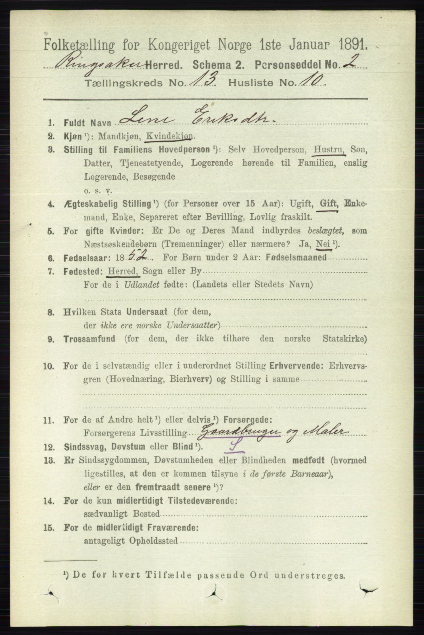 RA, 1891 census for 0412 Ringsaker, 1891, p. 7257