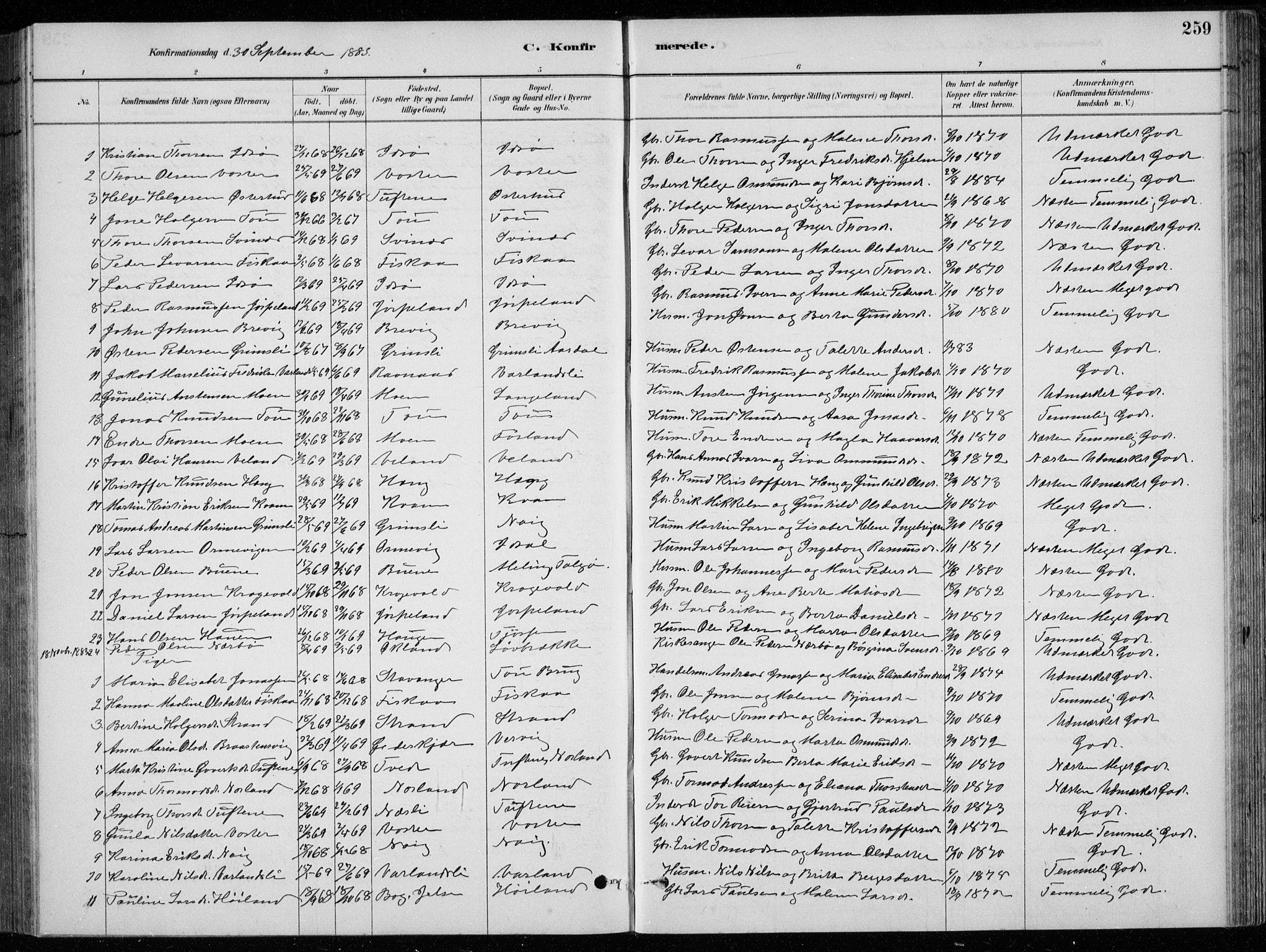 Strand sokneprestkontor, SAST/A-101828/H/Ha/Hab/L0004: Parish register (copy) no. B 4, 1878-1903, p. 259