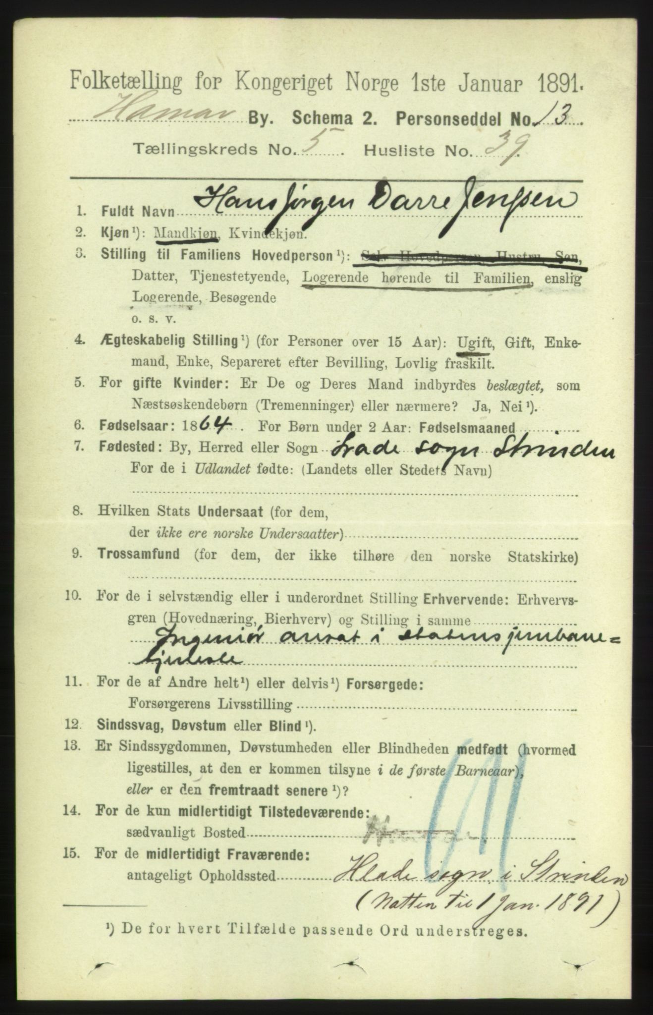 RA, 1891 census for 0401 Hamar, 1891, p. 4316