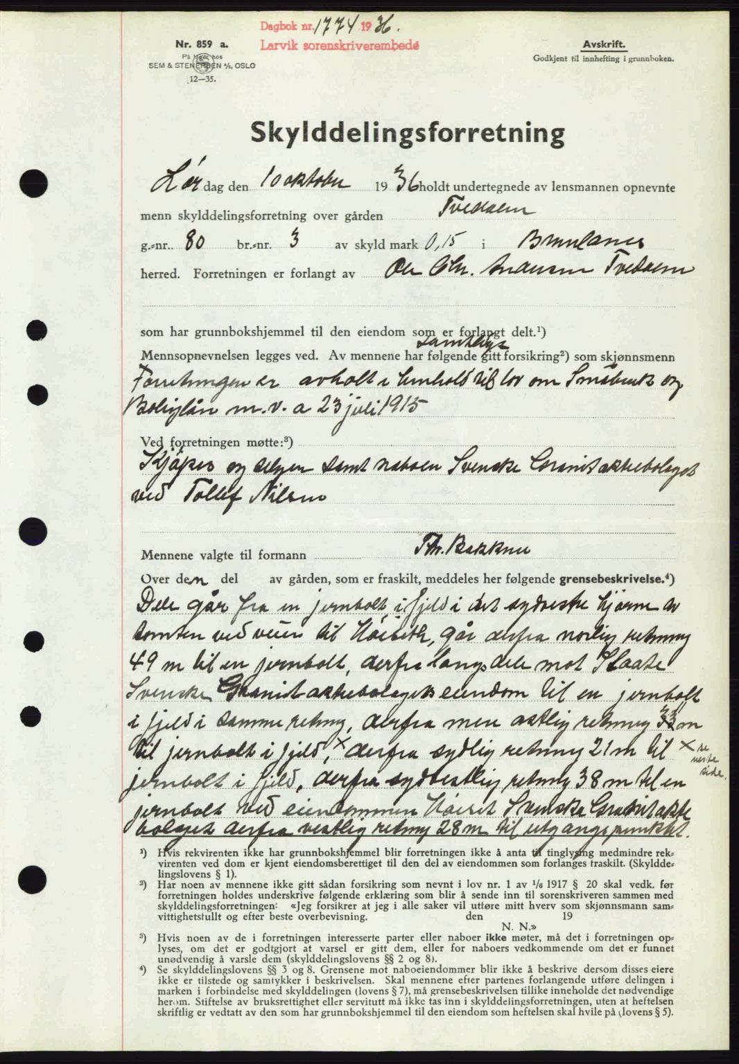 Larvik sorenskriveri, SAKO/A-83/G/Ga/Gab/L0067: Mortgage book no. A-1, 1936-1937, Diary no: : 1774/1936