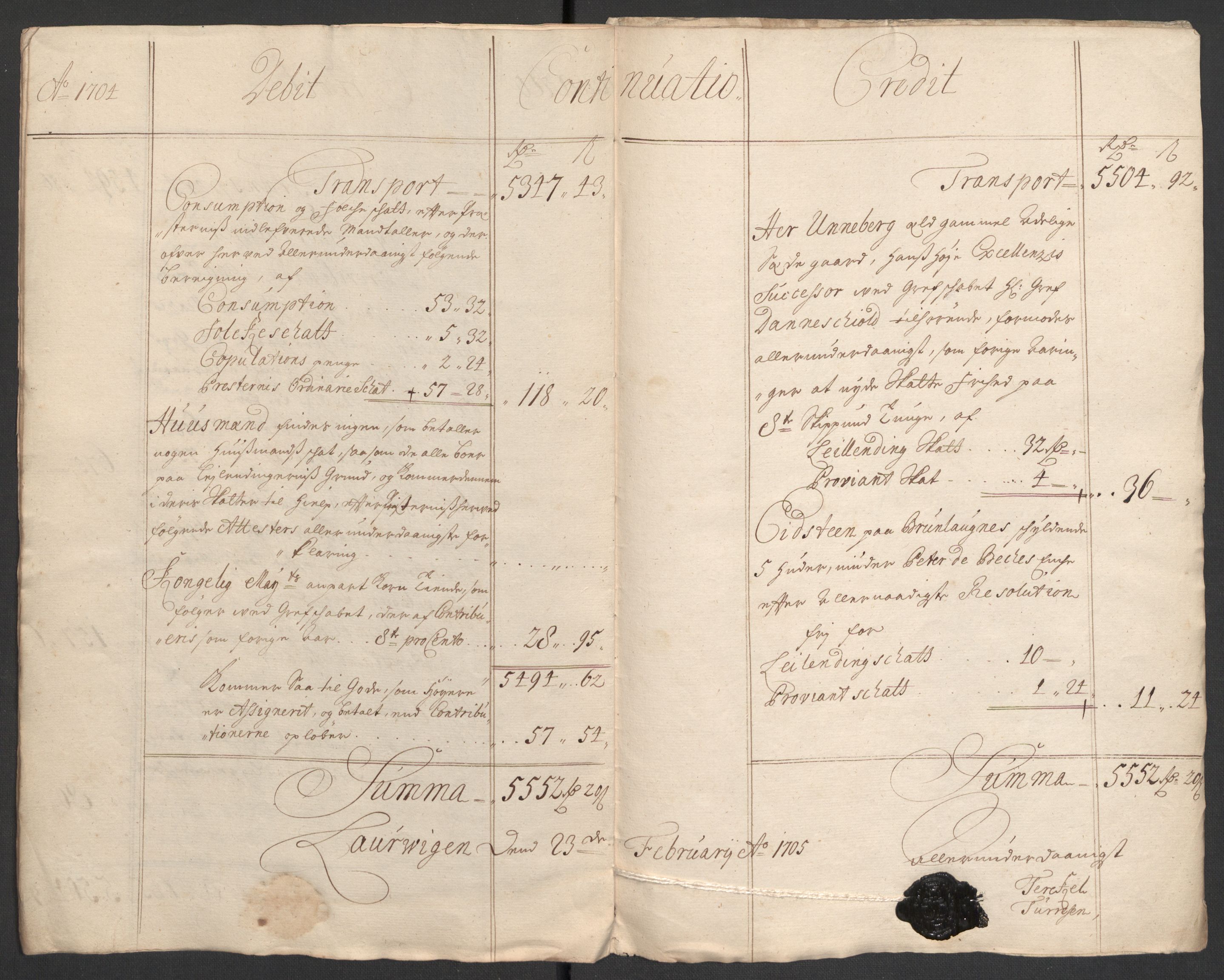Rentekammeret inntil 1814, Reviderte regnskaper, Fogderegnskap, RA/EA-4092/R33/L1978: Fogderegnskap Larvik grevskap, 1704-1705, p. 7