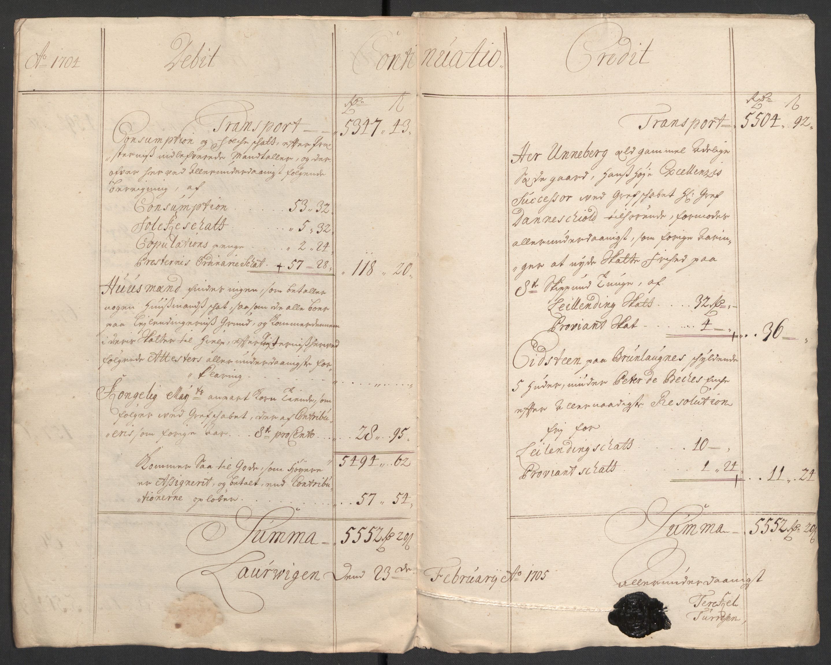 Rentekammeret inntil 1814, Reviderte regnskaper, Fogderegnskap, AV/RA-EA-4092/R33/L1978: Fogderegnskap Larvik grevskap, 1704-1705, p. 7