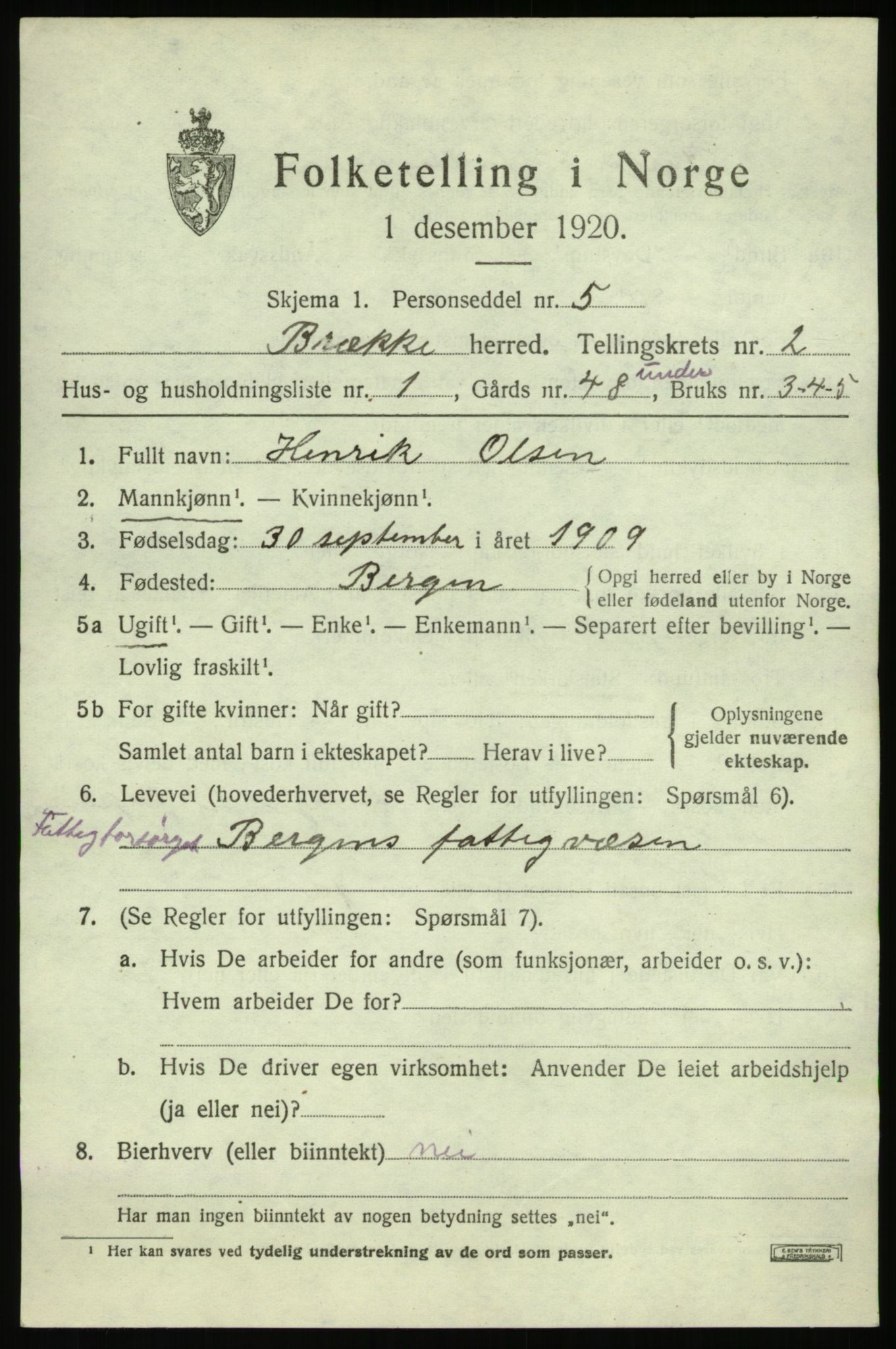 SAB, 1920 census for Brekke, 1920, p. 576