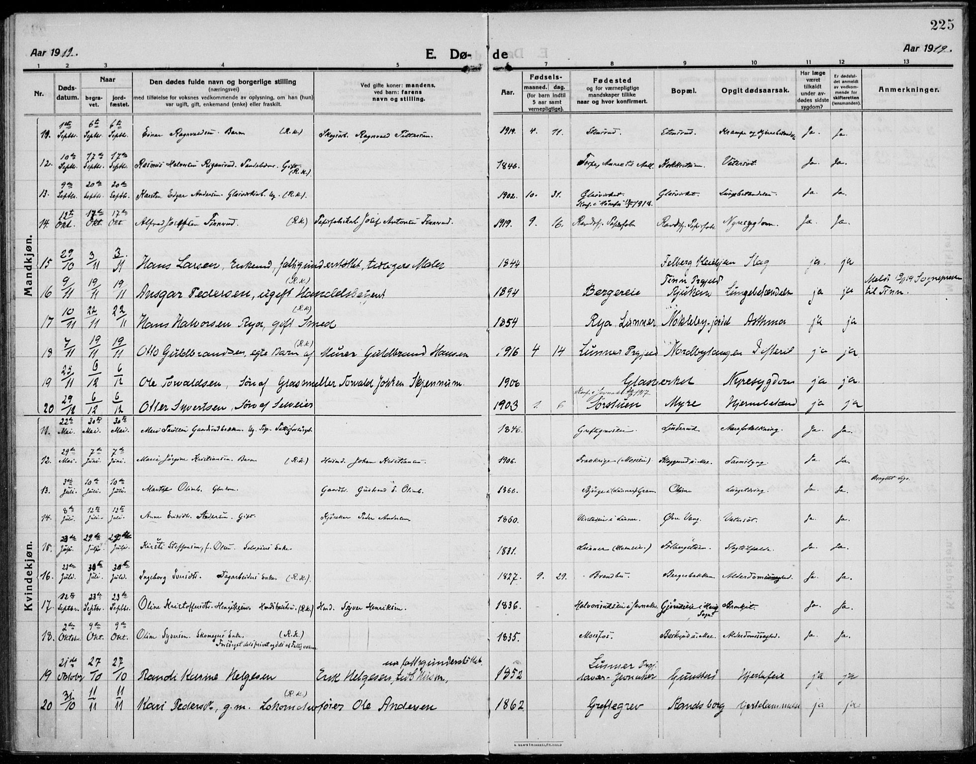 Jevnaker prestekontor, SAH/PREST-116/H/Ha/Haa/L0012: Parish register (official) no. 12, 1914-1924, p. 225