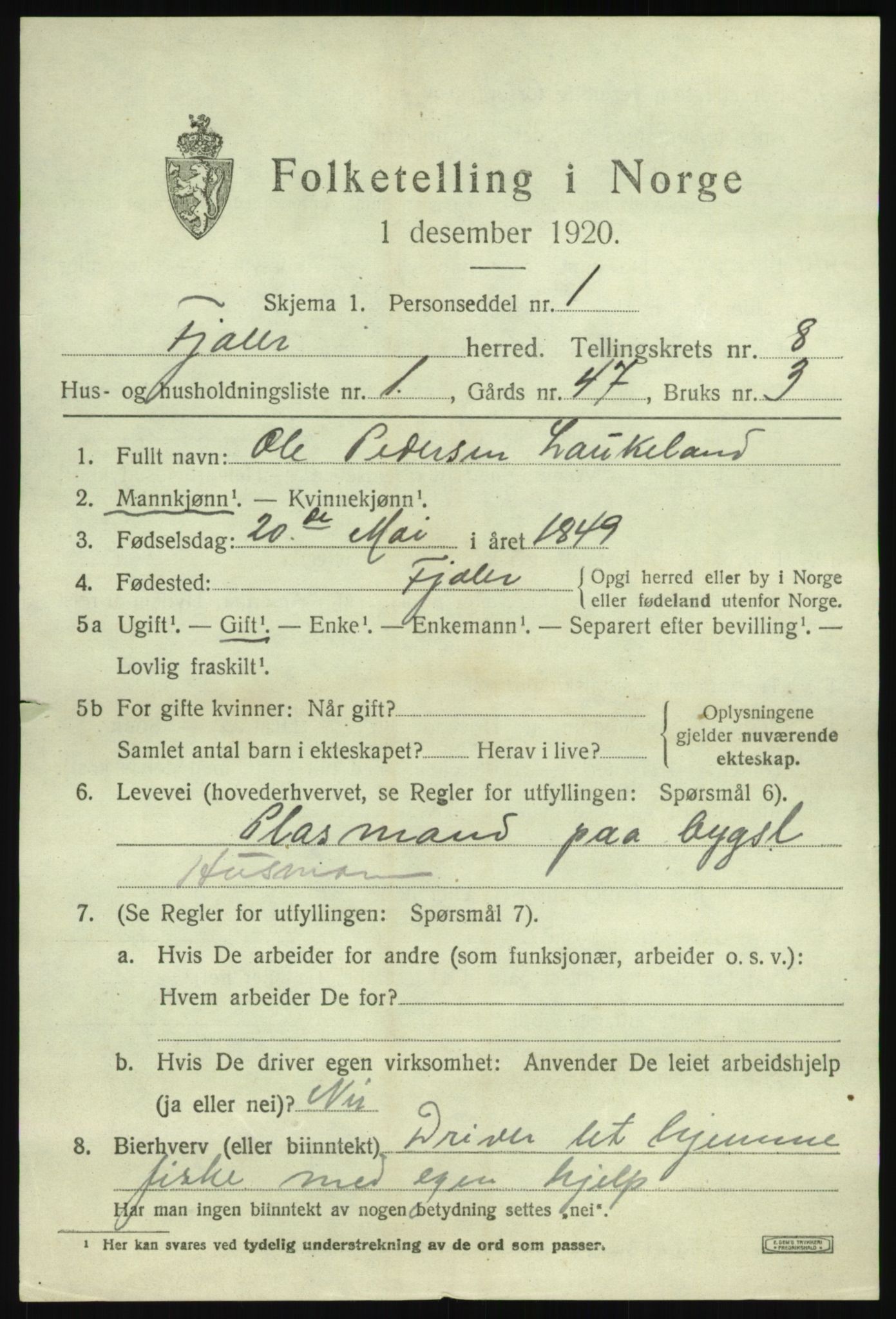 SAB, 1920 census for Fjaler, 1920, p. 4233