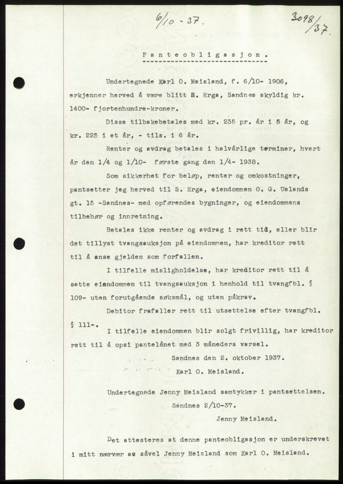 Jæren sorenskriveri, SAST/A-100310/03/G/Gba/L0069: Mortgage book, 1937-1937, Diary no: : 3098/1937