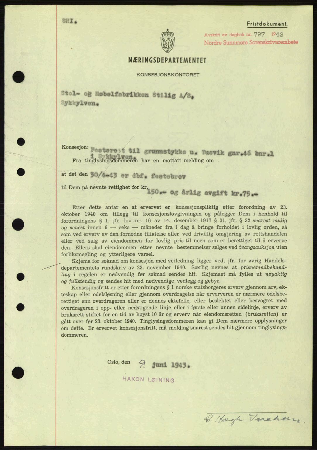 Nordre Sunnmøre sorenskriveri, SAT/A-0006/1/2/2C/2Ca: Mortgage book no. B6-14 a, 1942-1945, Diary no: : 797/1943