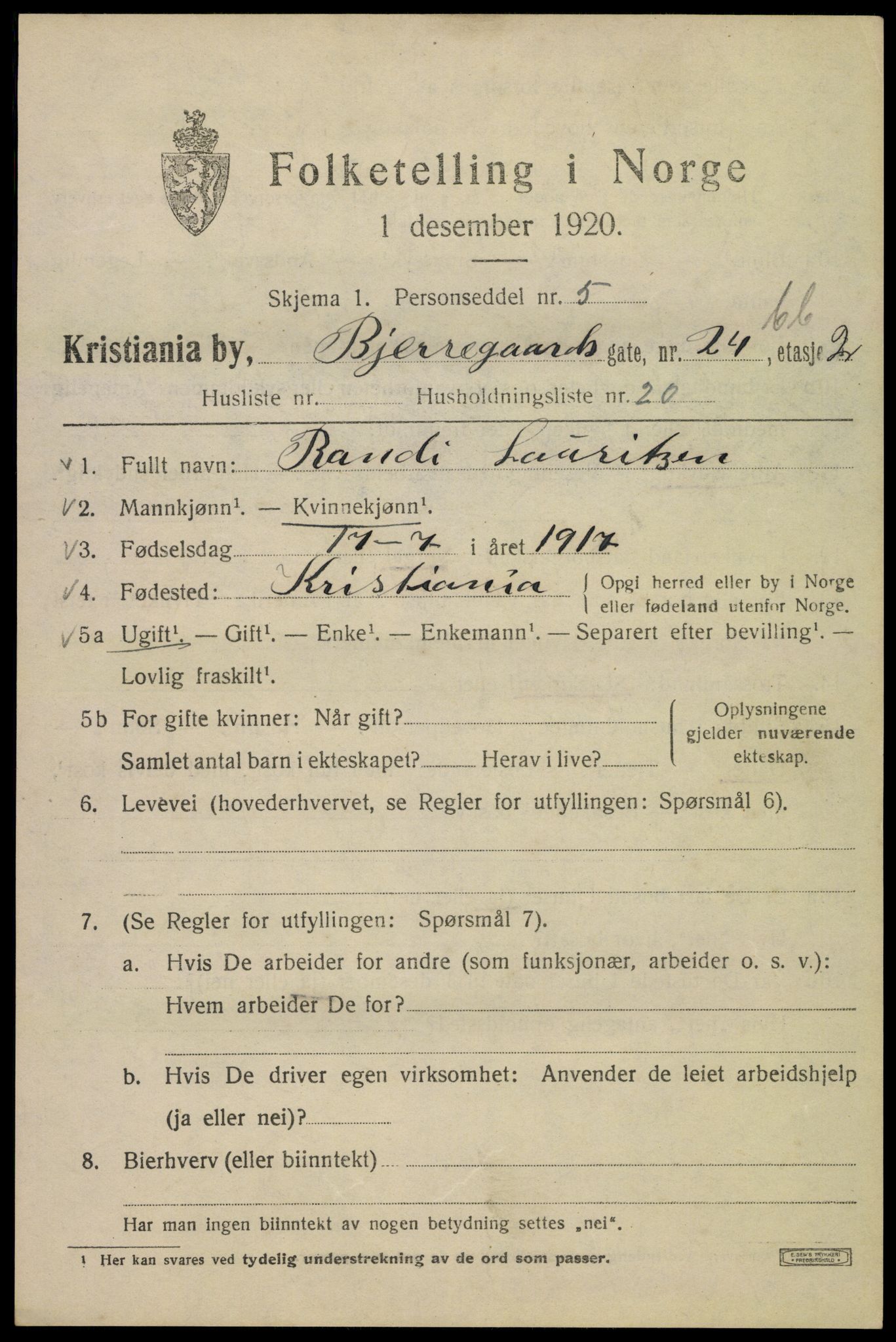 SAO, 1920 census for Kristiania, 1920, p. 160643