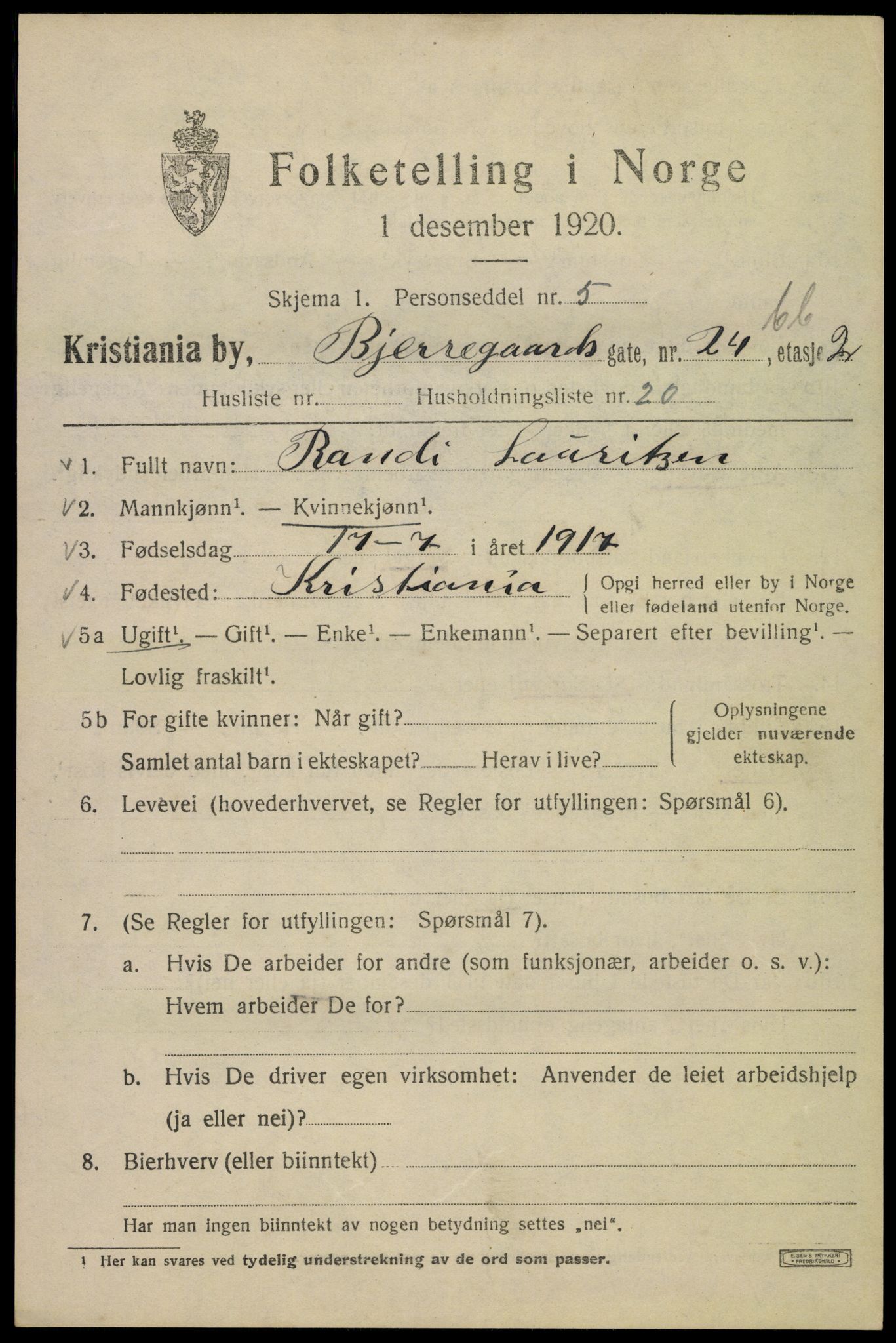 SAO, 1920 census for Kristiania, 1920, p. 160643