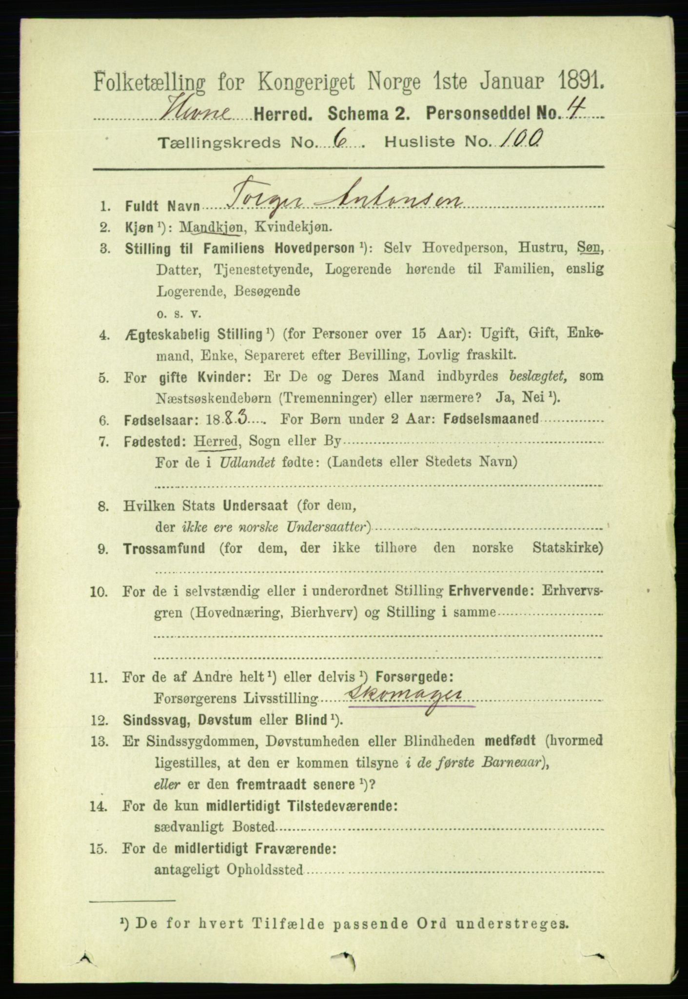 RA, 1891 census for 1612 Hemne, 1891, p. 4043