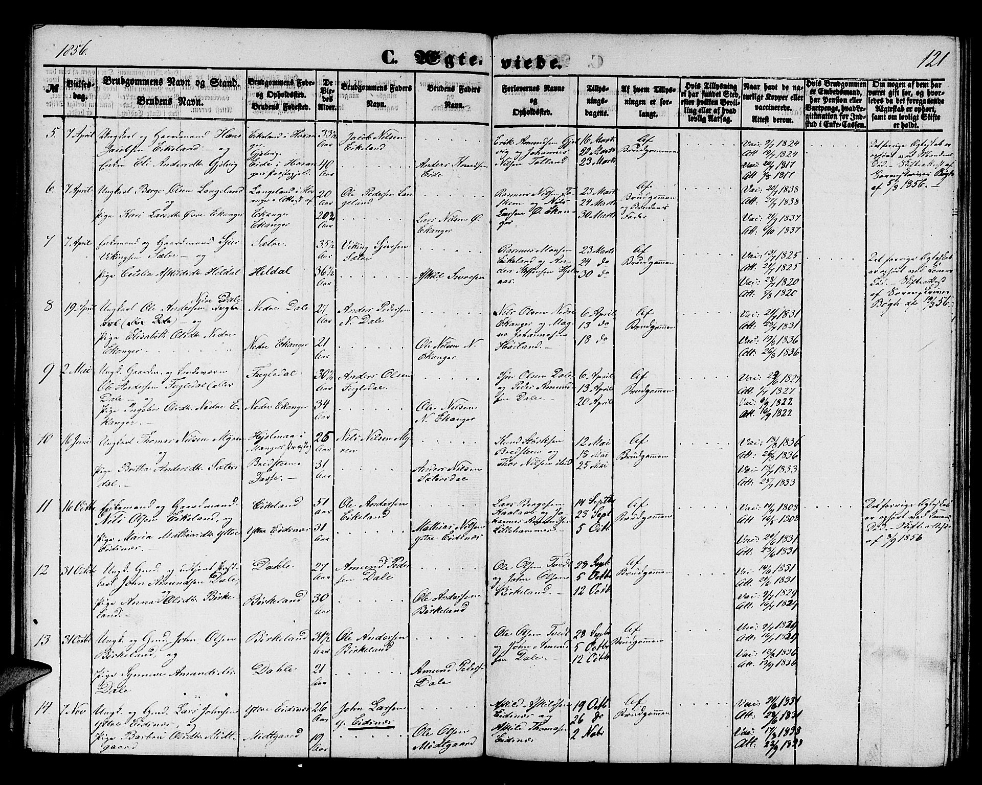 Hamre sokneprestembete, AV/SAB-A-75501/H/Ha/Hab: Parish register (copy) no. B 1, 1852-1863, p. 121