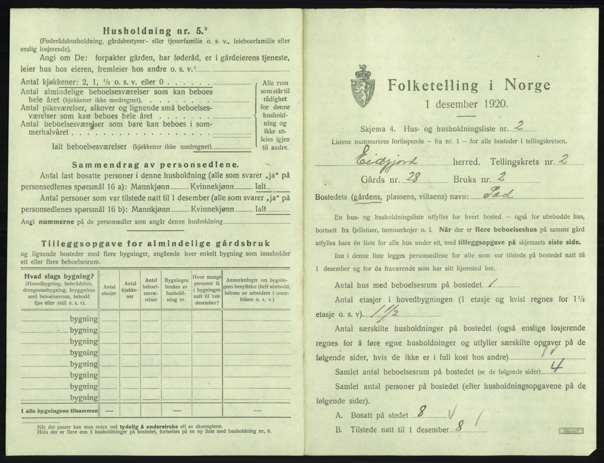 SAB, 1920 census for Eidfjord, 1920, p. 89